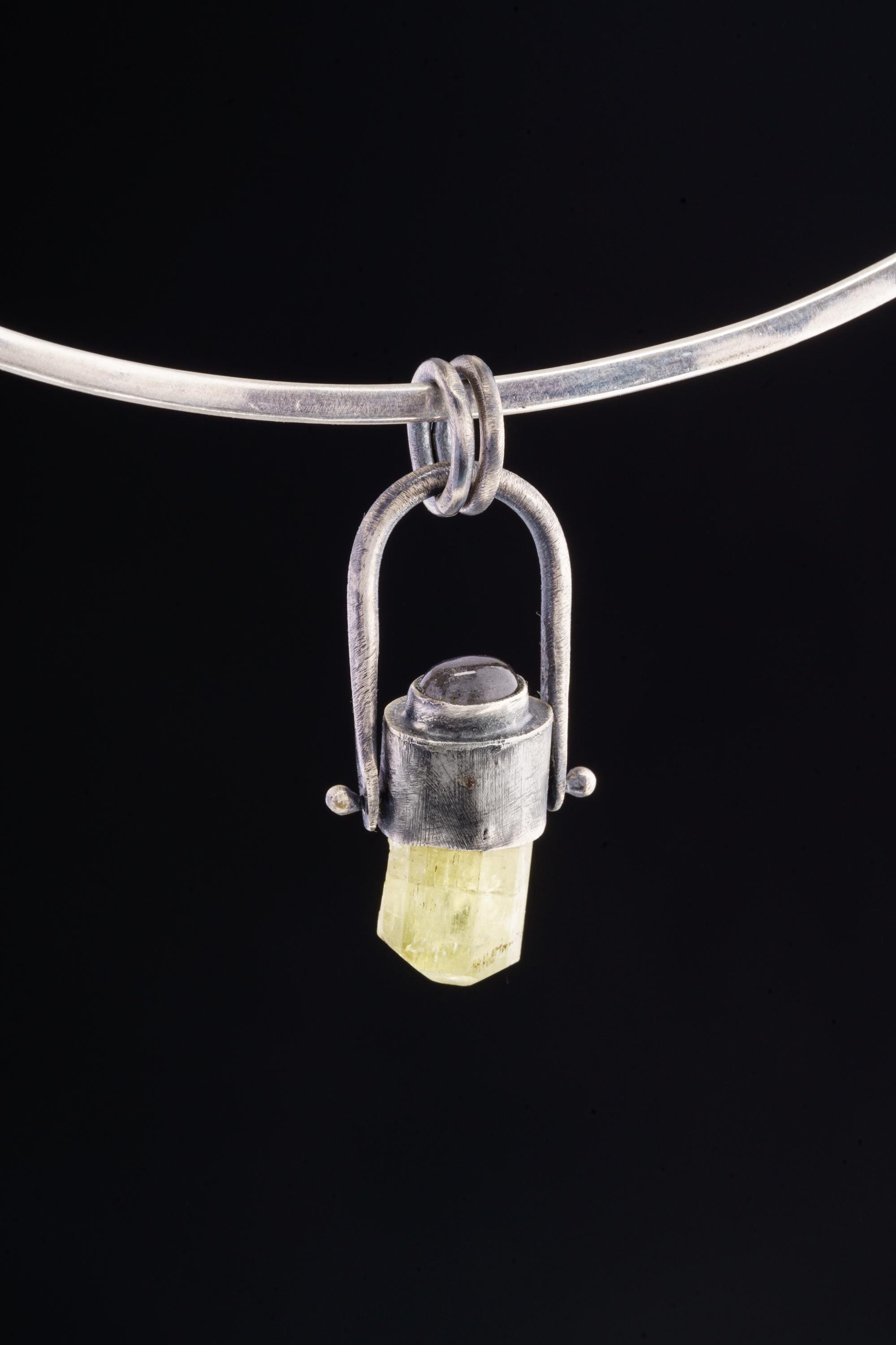 Labradorite and Yellow Dangling Gem Apatite - Oxidized & Brushed Pendant - Sterling Silver Set - Spinning Crystal Necklace