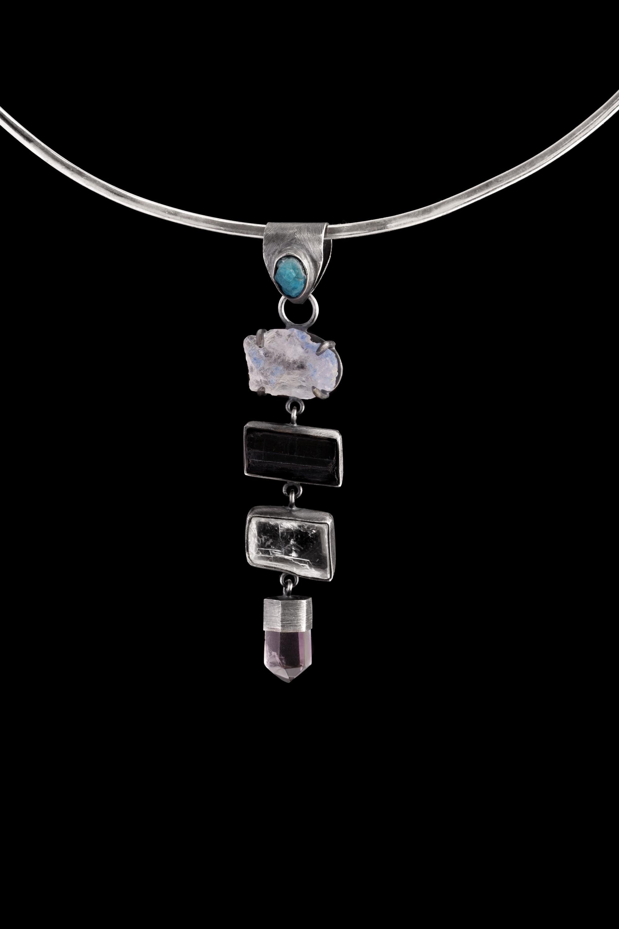 Blue Apatite, Tanzanite, Black Tourmaline, Selenite & Amethyst Zodiac Pendant, Oxidized Brushed Sterling Silver, Perfect Spiritual Gift