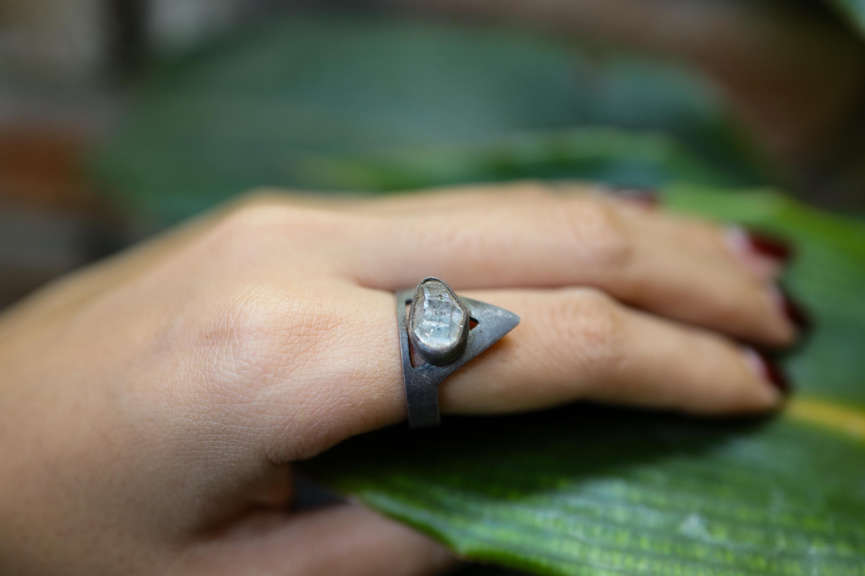 Herkimer Diamond Quartz - Hammered OR Brushed & Oxidised Finish - 925 Sterling Silver - Adjustable Open Ring