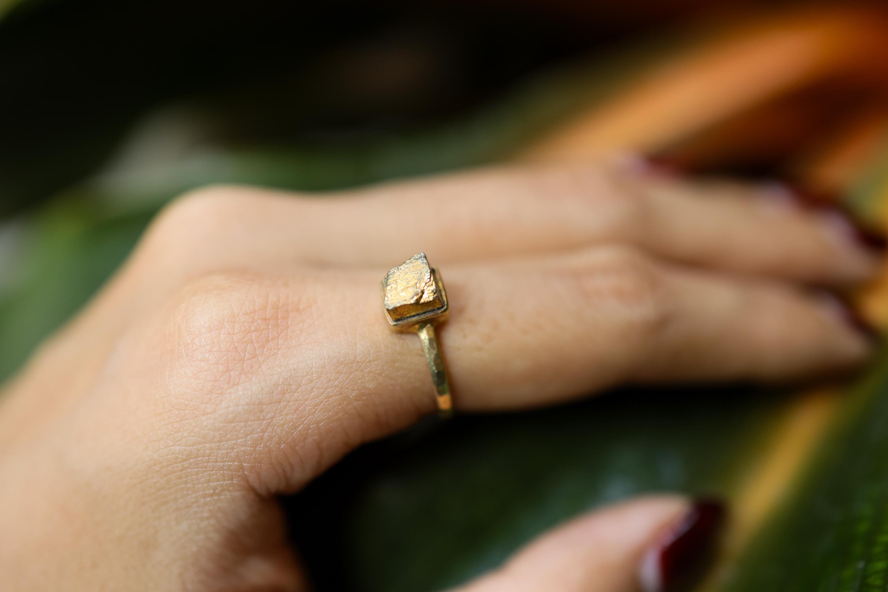 Gold Coated Australian Cubic Pyrite - Stack Crystal Ring - Size 6 US - Gold Plated 925 Sterling Silver - Thin Band Hammer Textured