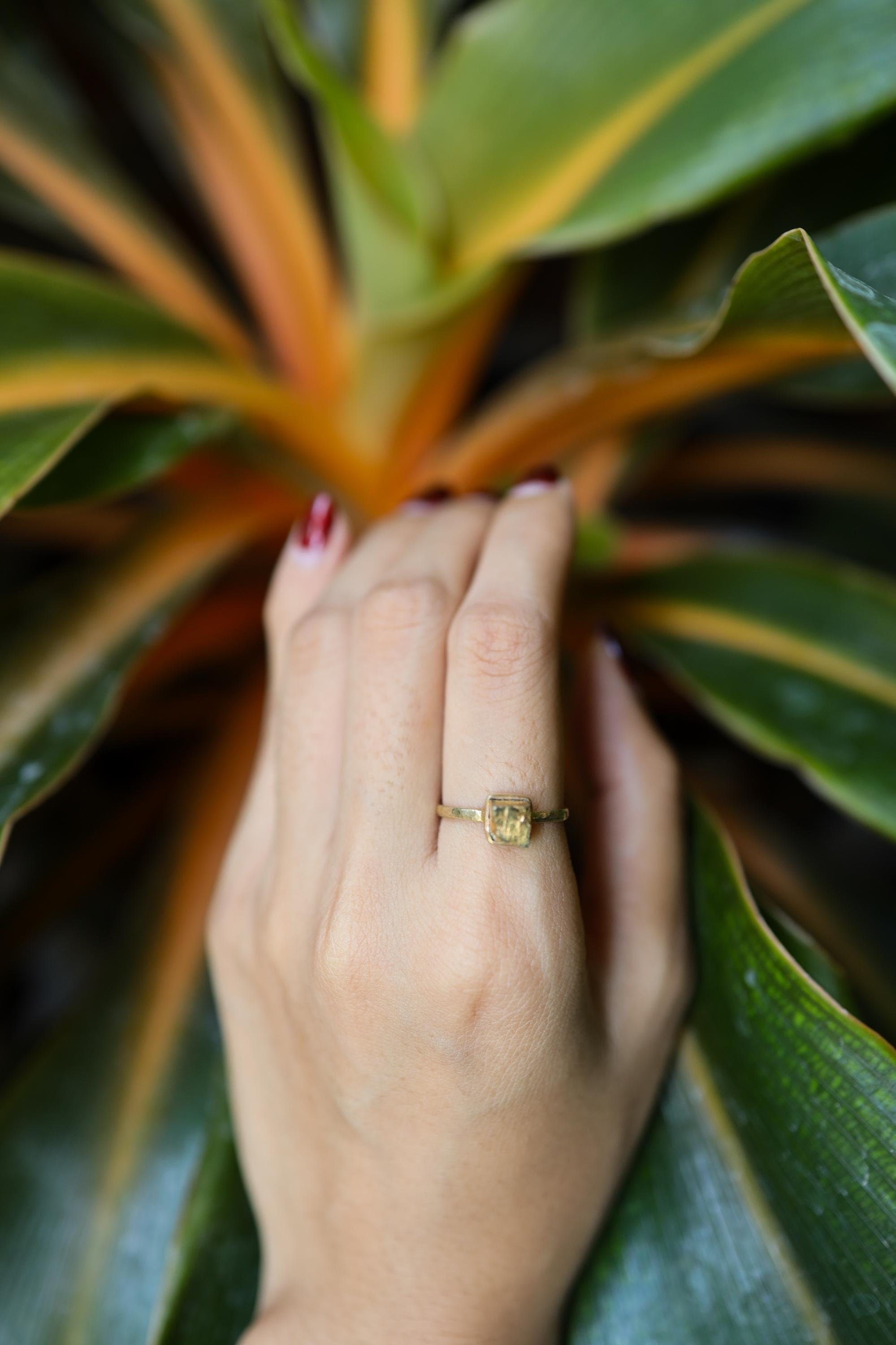 Gold Coated Australian Cubic Pyrite - Stack Crystal Ring - Size 6 US - Gold Plated 925 Sterling Silver - Thin Band Hammer Textured