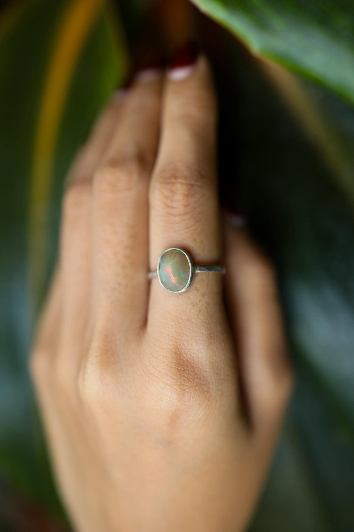 Semi Polished Ethiopian Opal - Thin Band Stack Ring - Size 5 3/4 US - 925 Sterling Silver - Hammer Textured