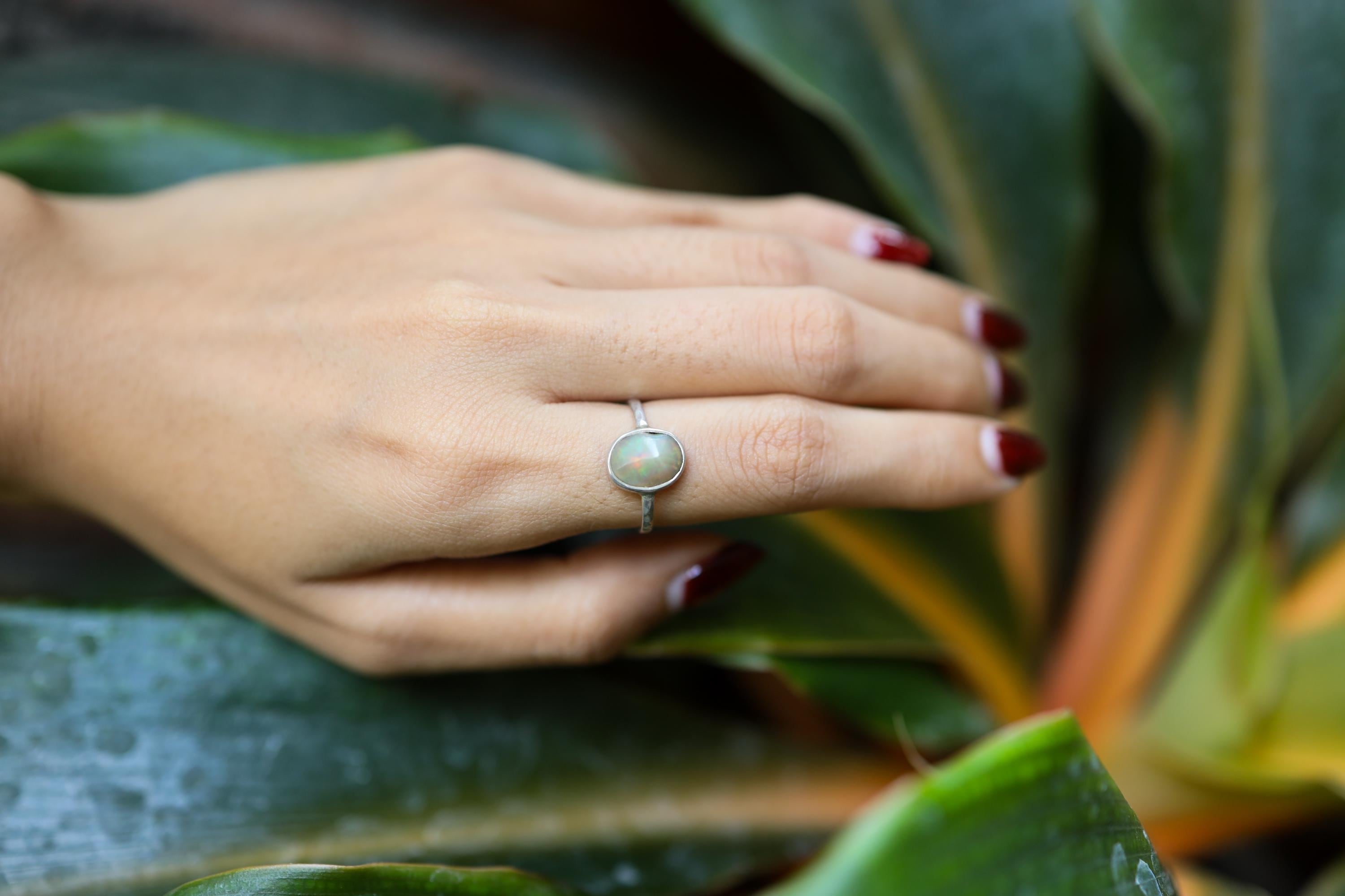 Semi Polished Ethiopian Opal - Thin Band Stack Ring - Size 5 3/4 US - 925 Sterling Silver - Hammer Textured