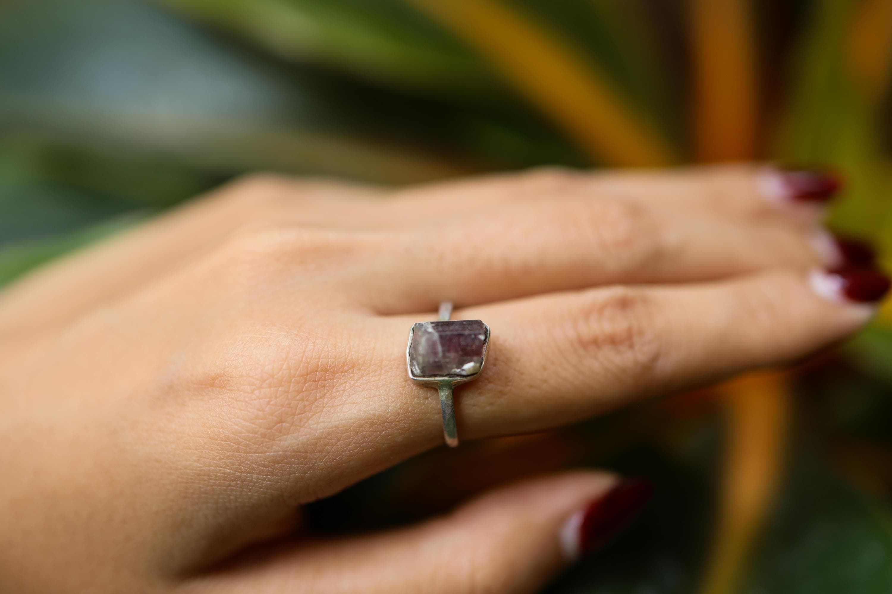 Pink gem Tourmaline Rubellite - Stack Crystal Ring - Size 6 3/4 US - 925 Sterling Silver - Thin Band Hammer Textured