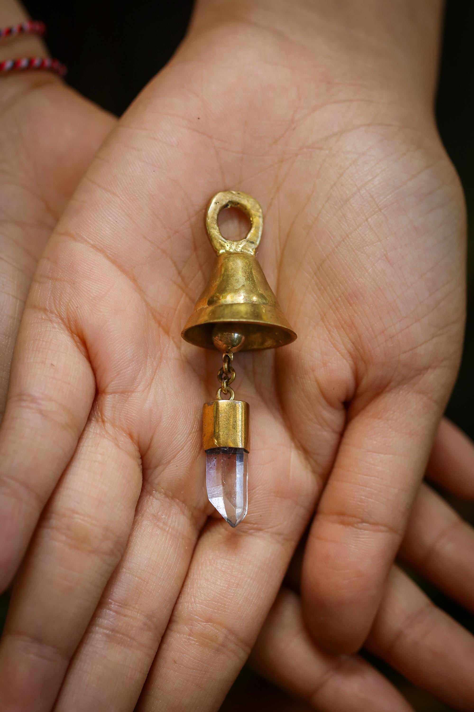 Mini Crystal-Adorned Prayer Bell, Bronze & 18k Gold-Plated, Clear Quartz Charm, Spiritual Décor, Chistmas Tree Ornament, Enchanting Accent,