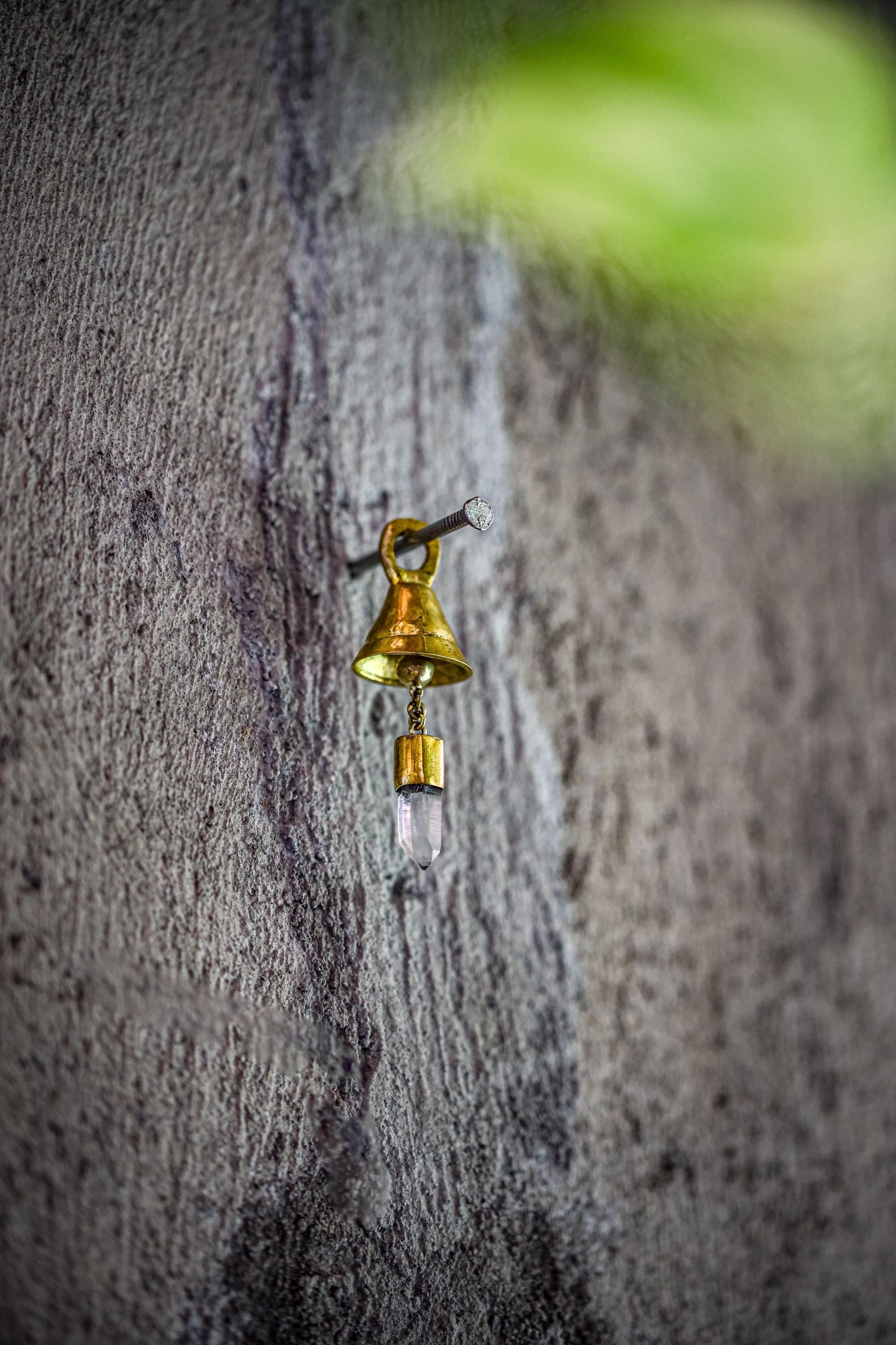 Mini Crystal-Adorned Prayer Bell, Bronze & 18k Gold-Plated, Clear Quartz Charm, Spiritual Décor, Chistmas Tree Ornament, Enchanting Accent,