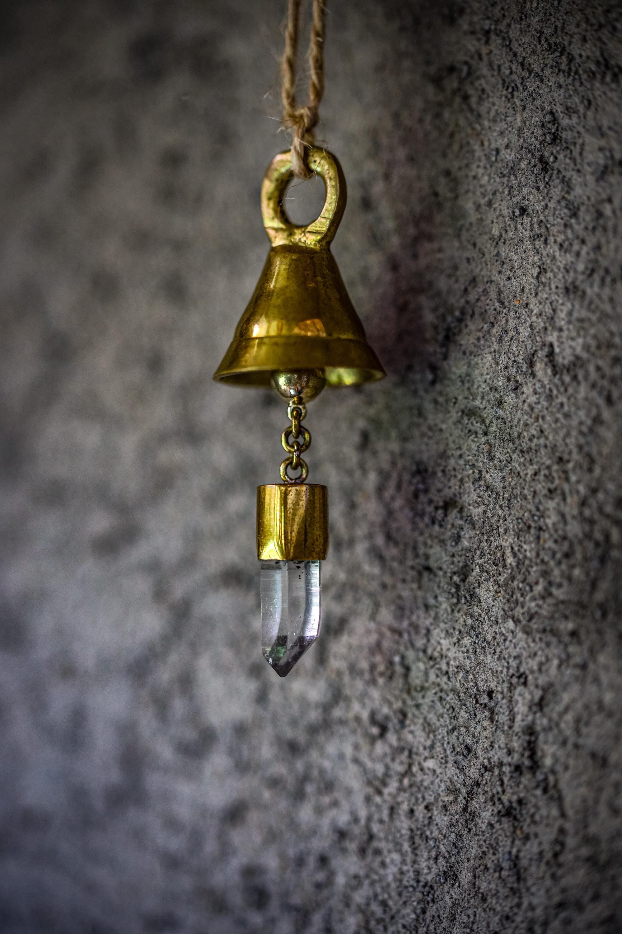 Mini Crystal-Adorned Prayer Bell, Bronze & 18k Gold-Plated, Clear Quartz Charm, Spiritual Décor, Chistmas Tree Ornament, Enchanting Accent,