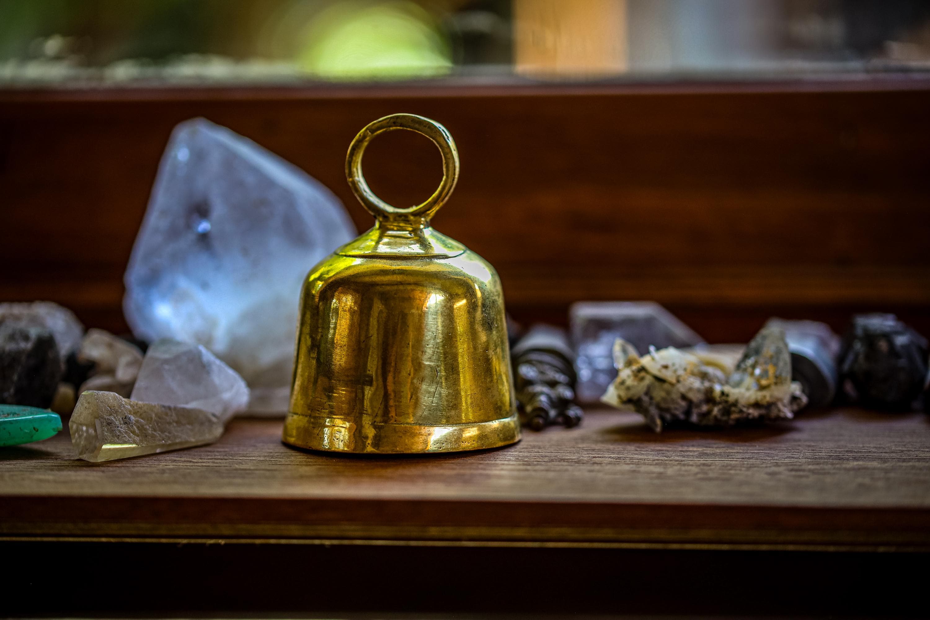 Crystal-Accented Hindu Prayer Bell, Bronze with 18k Gold Plating, Clear Quartz Amplifier, Spiritual Décor, Meditation Bell, Christmas tree