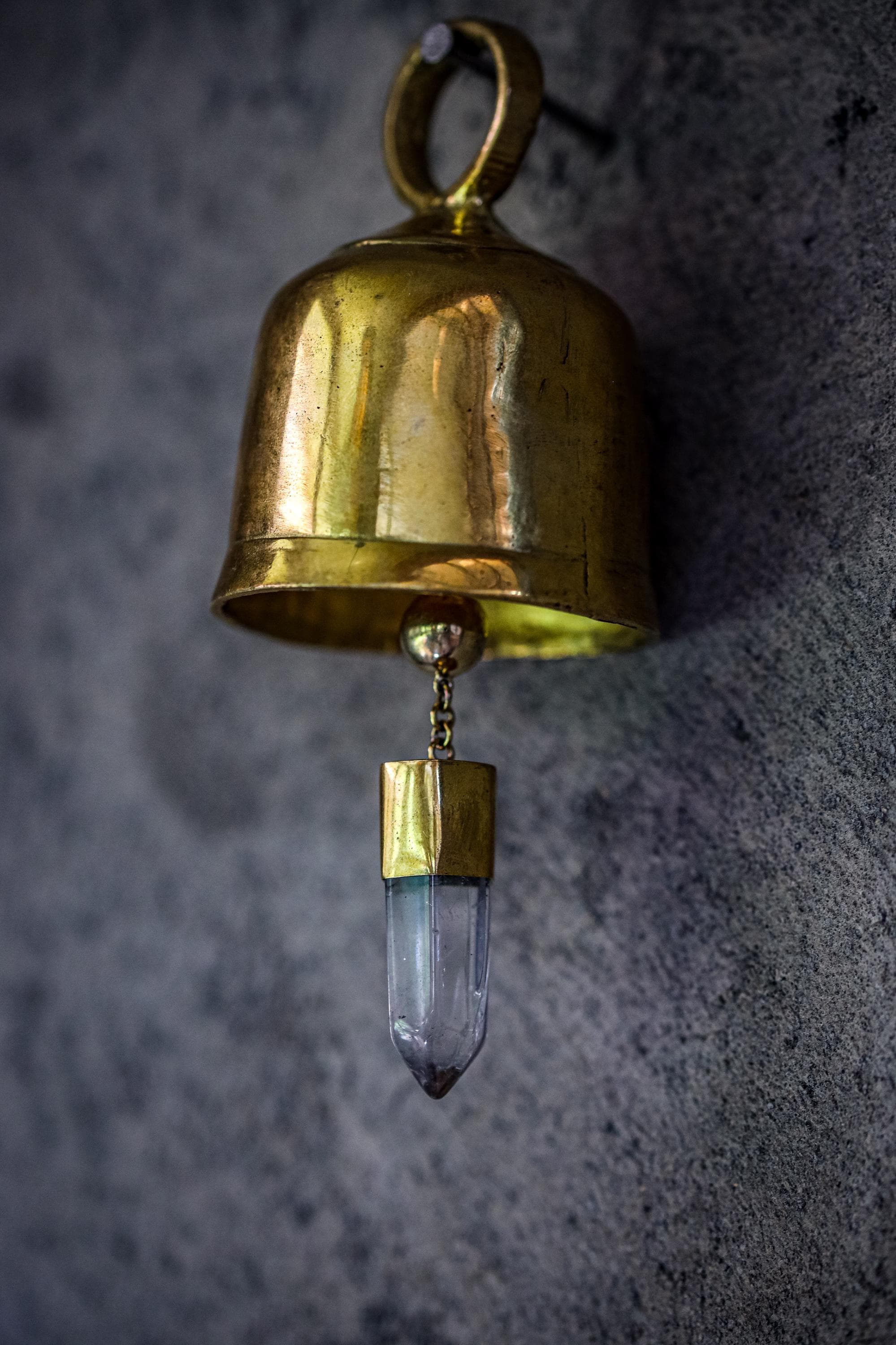 Crystal-Accented Hindu Prayer Bell, Bronze with 18k Gold Plating, Clear Quartz Amplifier, Spiritual Décor, Meditation Bell, Christmas tree