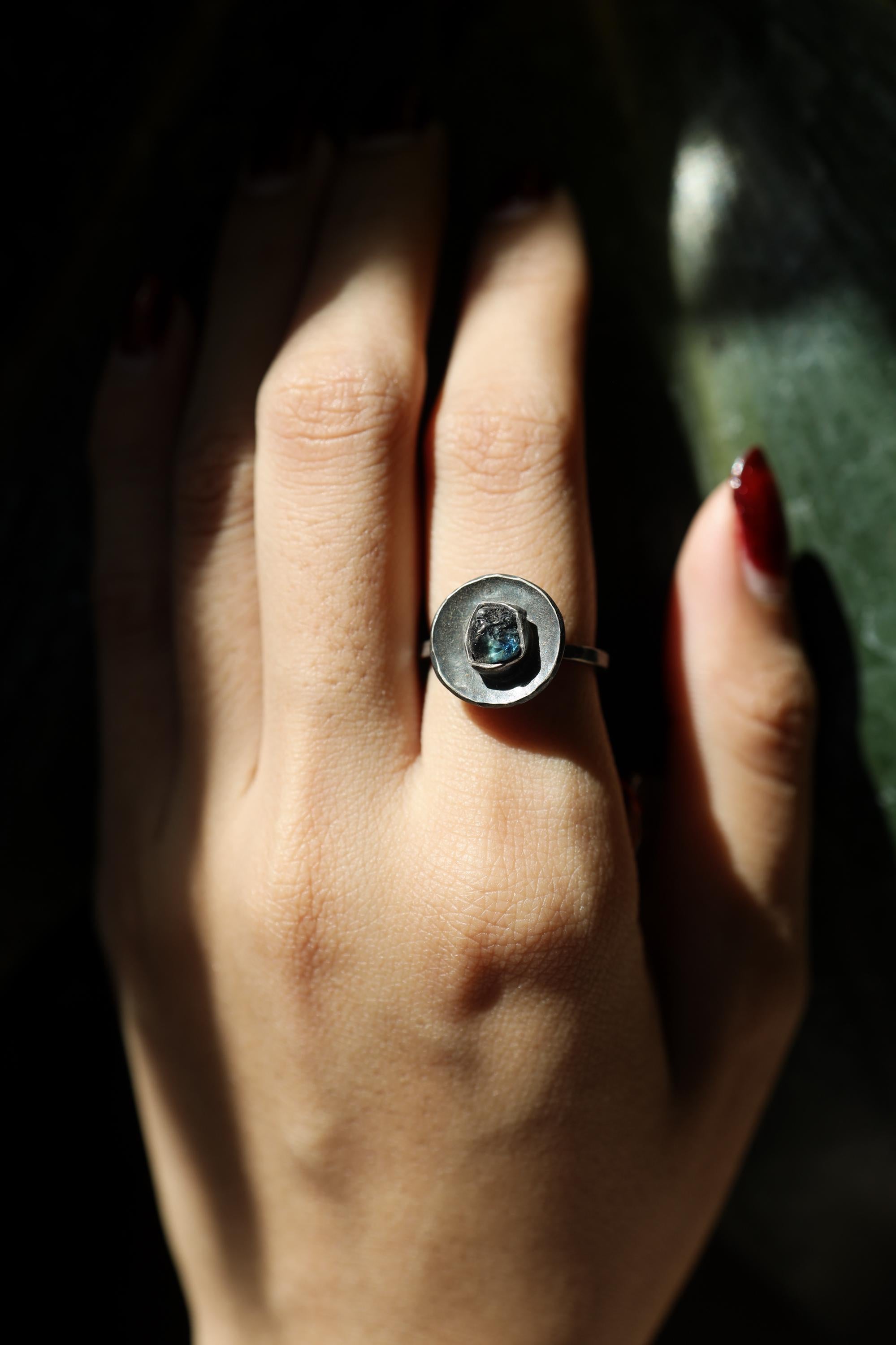 Raw Australian Fossicked River Tumbled Gem Sapphire- Oxidised Rustick Textured Dome Set- 925 Sterling Silver - Crystal Ring