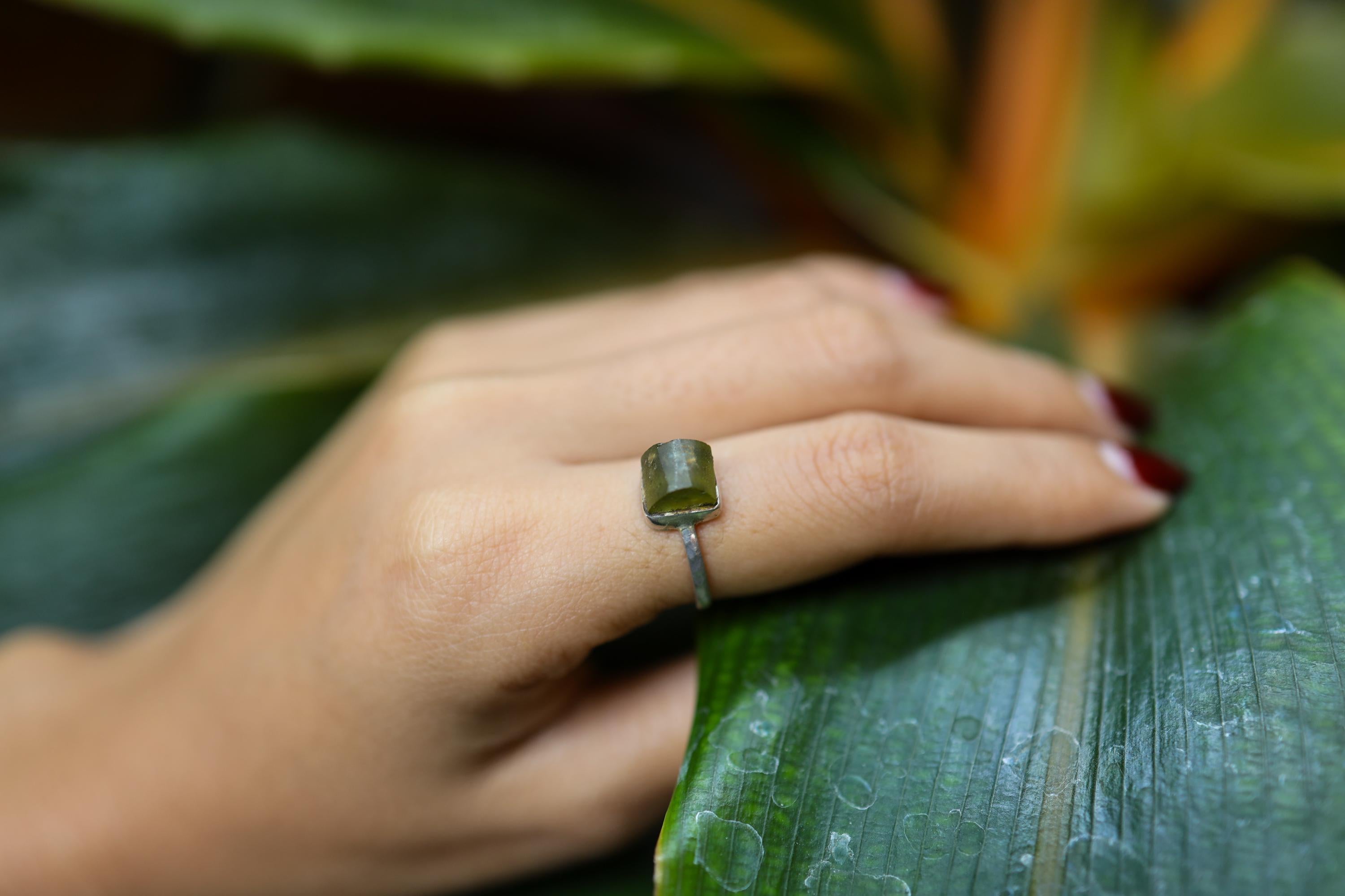 Natural River Found Australian Peridot - Thin Band Stack Ring - Size 6 US - 925 Sterling Silver - Hammer Textured