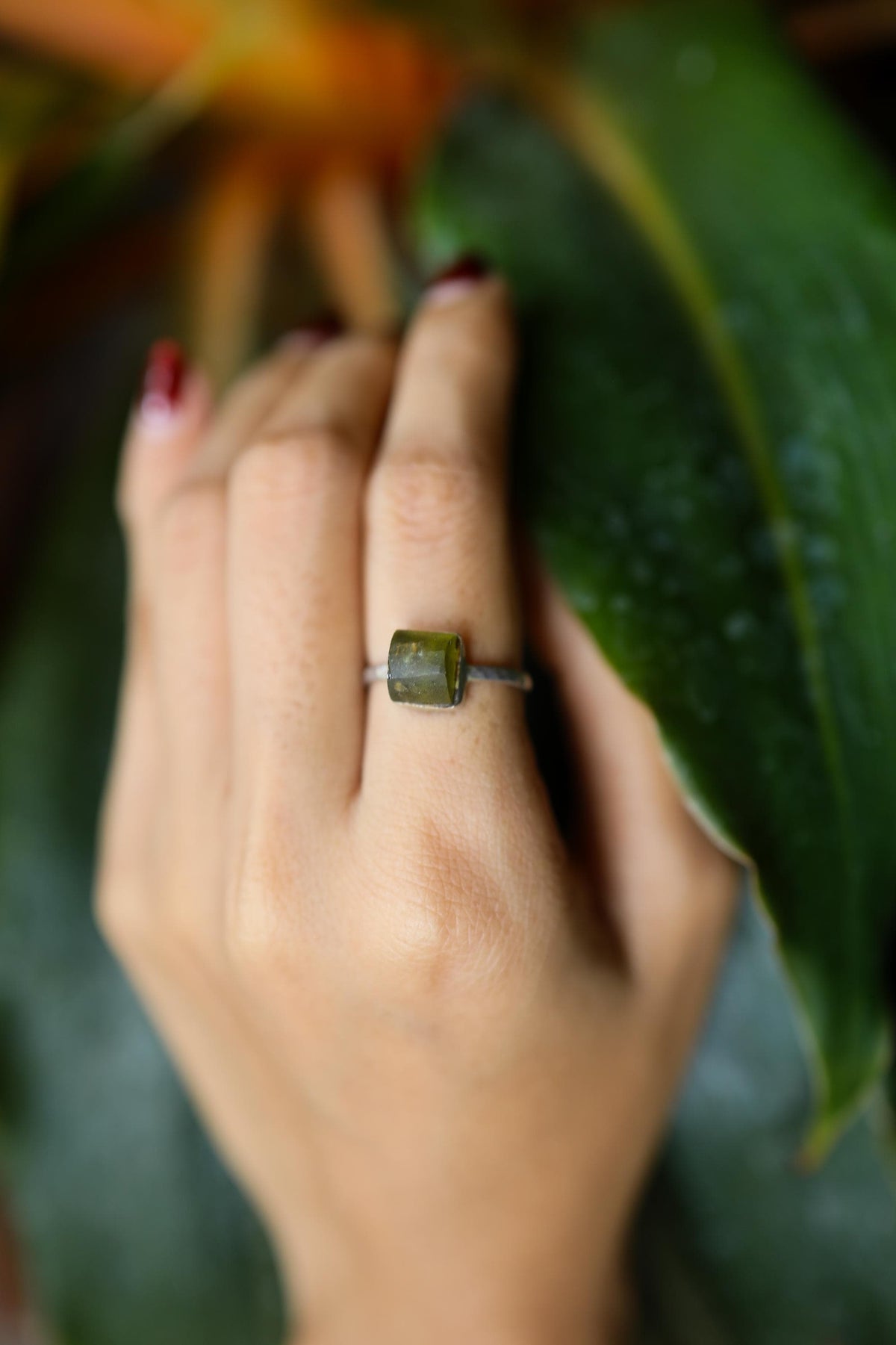 Natural River Found Australian Peridot - Thin Band Stack Ring - Size 6 US - 925 Sterling Silver - Hammer Textured