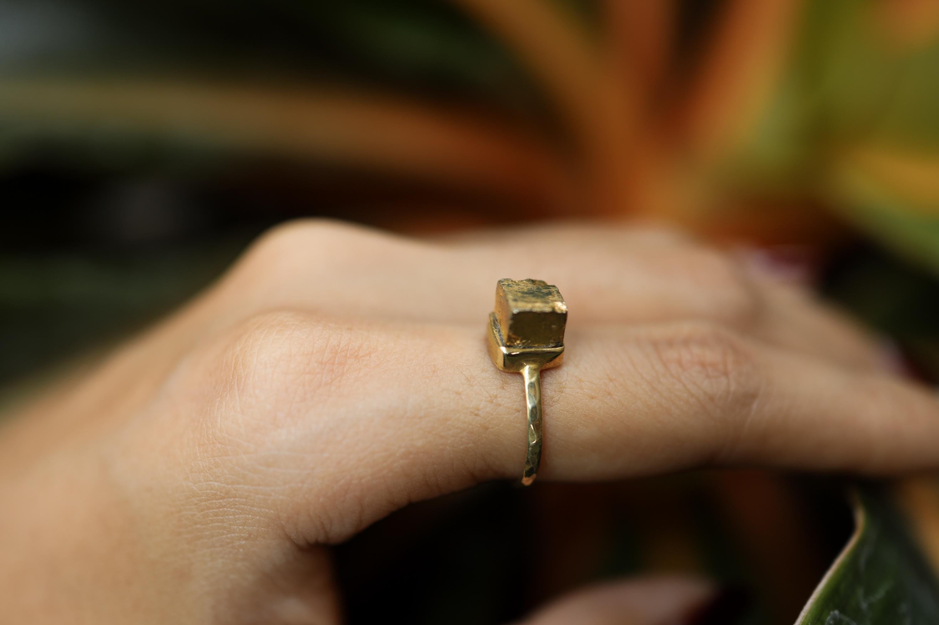 Gold Coated Australian Cubic Pyrite - Stack Crystal Ring - Size 6 1/4 US - Gold Plated 925 Sterling Silver - Thin Band Hammer Textured