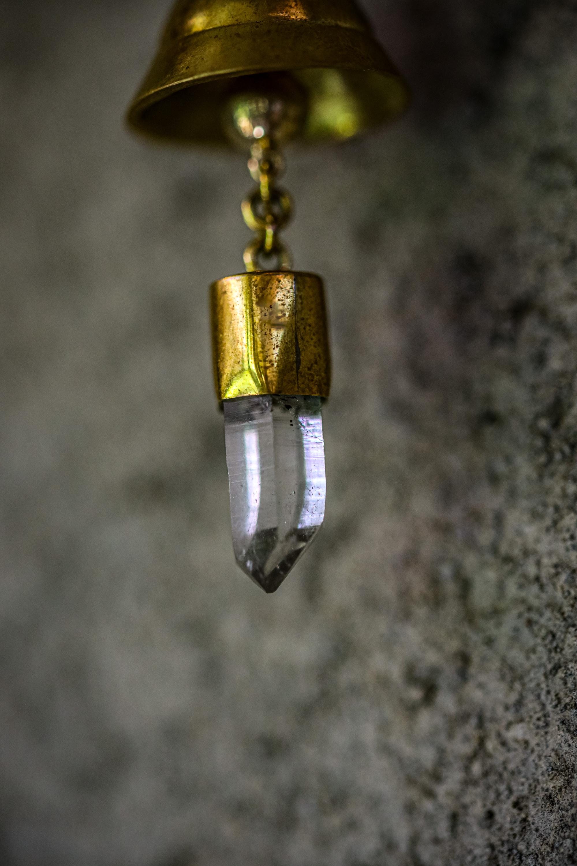 Mini Crystal-Adorned Prayer Bell, Bronze & 18k Gold-Plated, Clear Quartz Charm, Spiritual Décor, Chistmas Tree Ornament, Enchanting Accent,