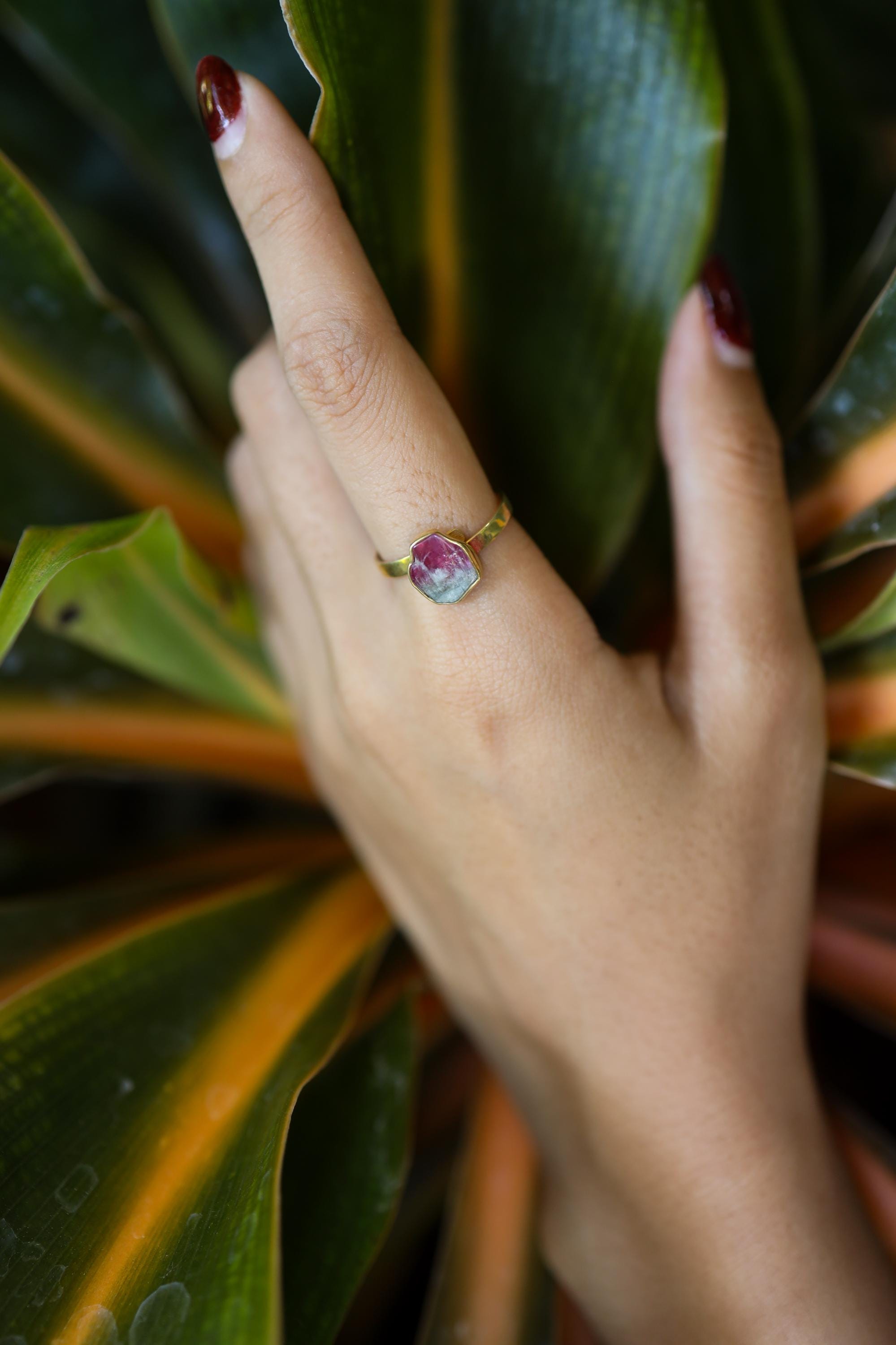 Watermelon Gem Tourmaline - Size 7 US - Gold Plated - Sterling Silver Crystal Ring