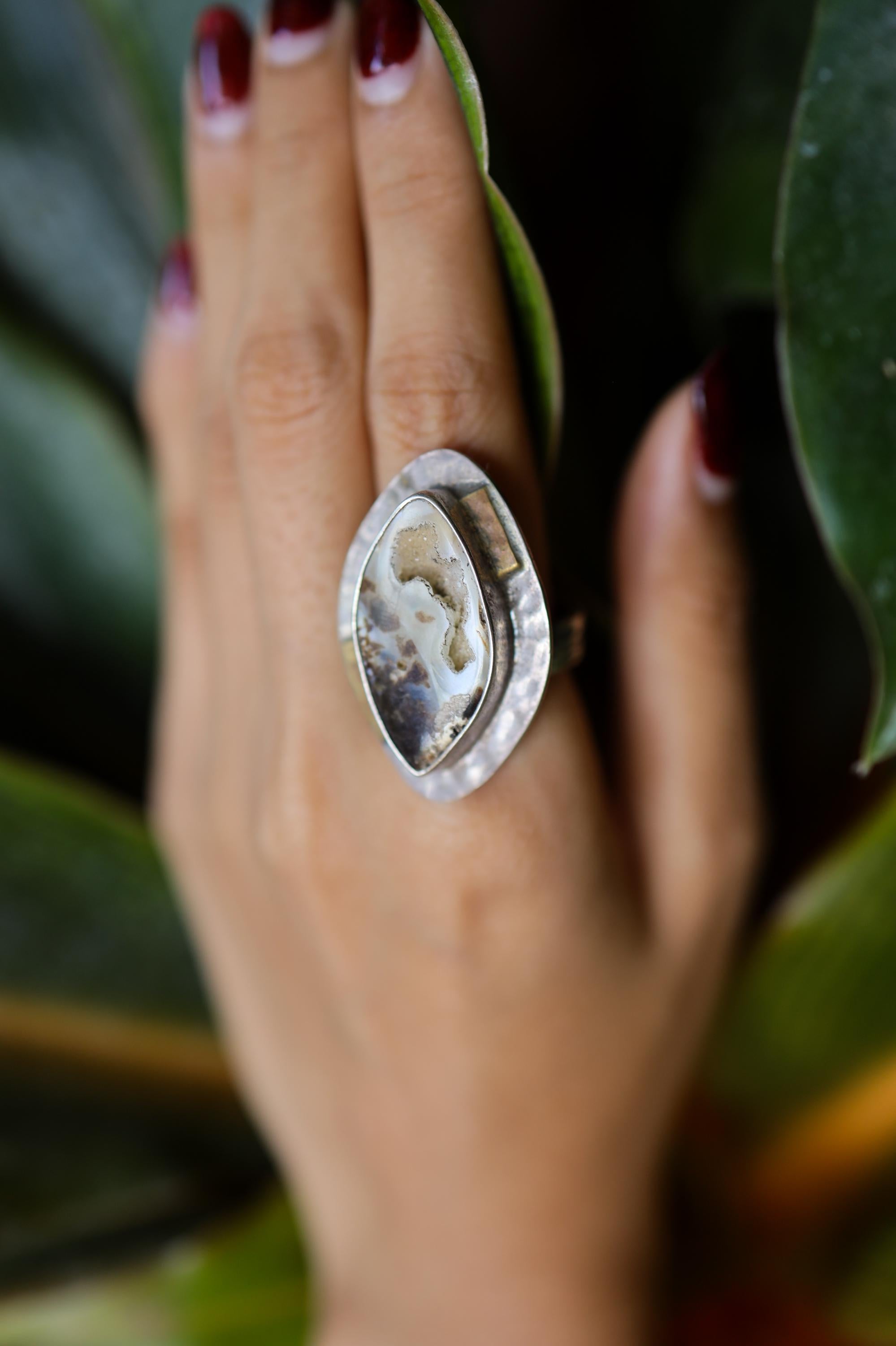 Ammonite Fossilised Shell slice Ring - Adjustable Crystal Ring - Textured Band and bezel - Abstract brass dressing - Size 4 - 10 US