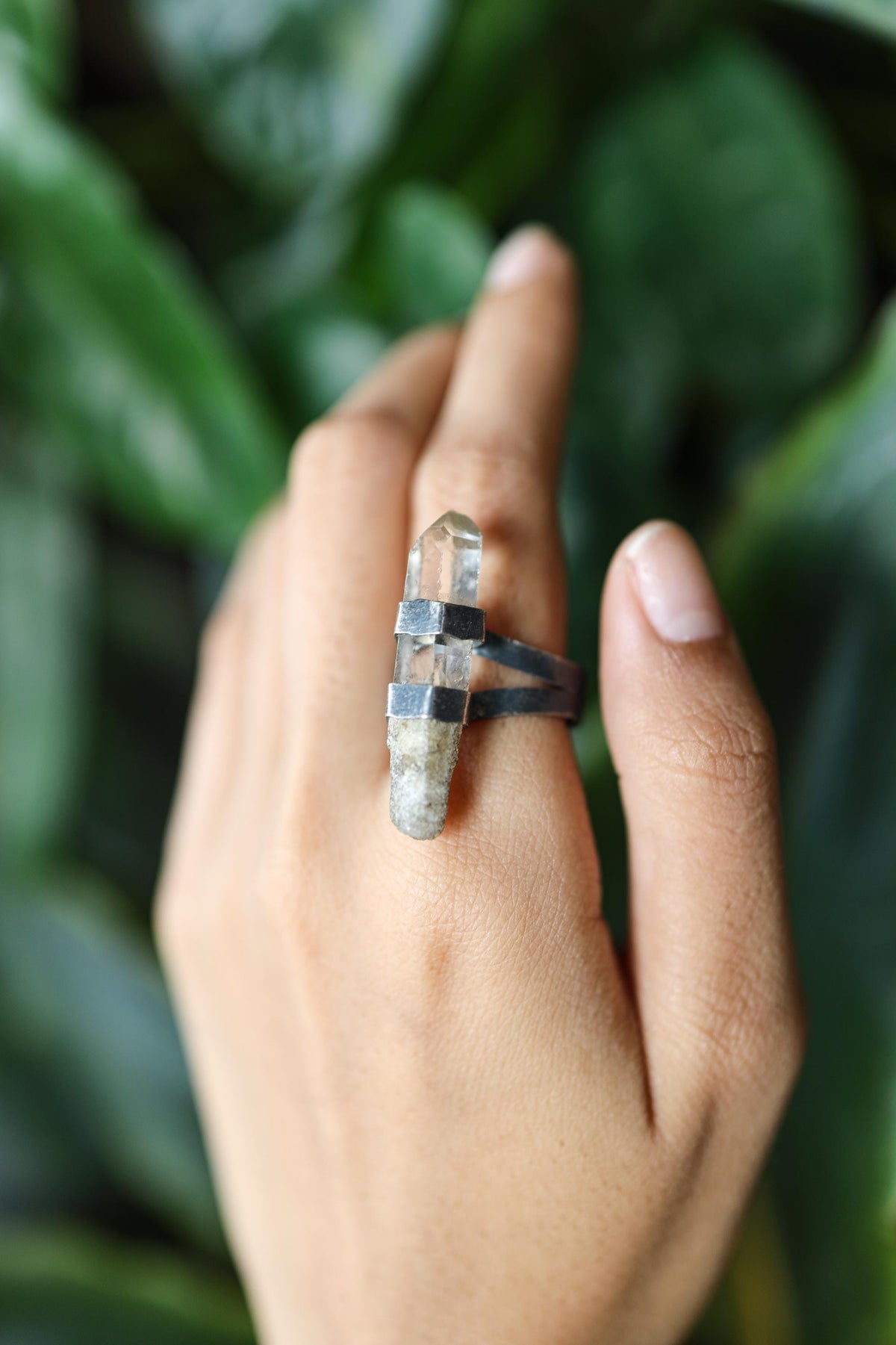 Textured & Oxidised Sterling Silver Ring with Himalayan Record Keeper Quartz, Third Eye Chakra, Spiritual Awakening, Unique Gift - Size 8 US