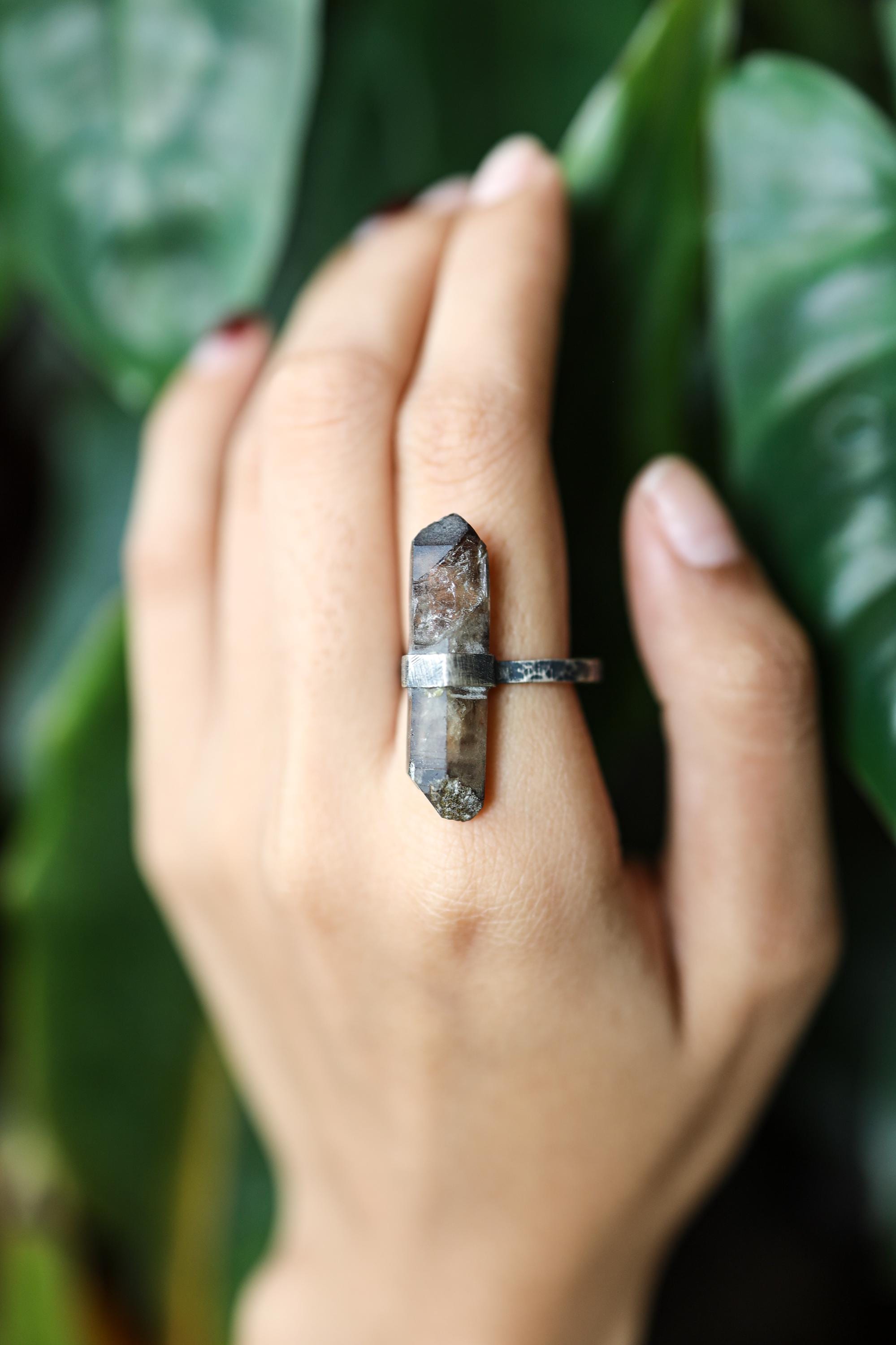 Torrington Ring: Textured & Oxidised Sterling Silver with Raw Australian Smoky Citrine, Size 9 1/4, Root Chakra, Grounding Energy - NO/04