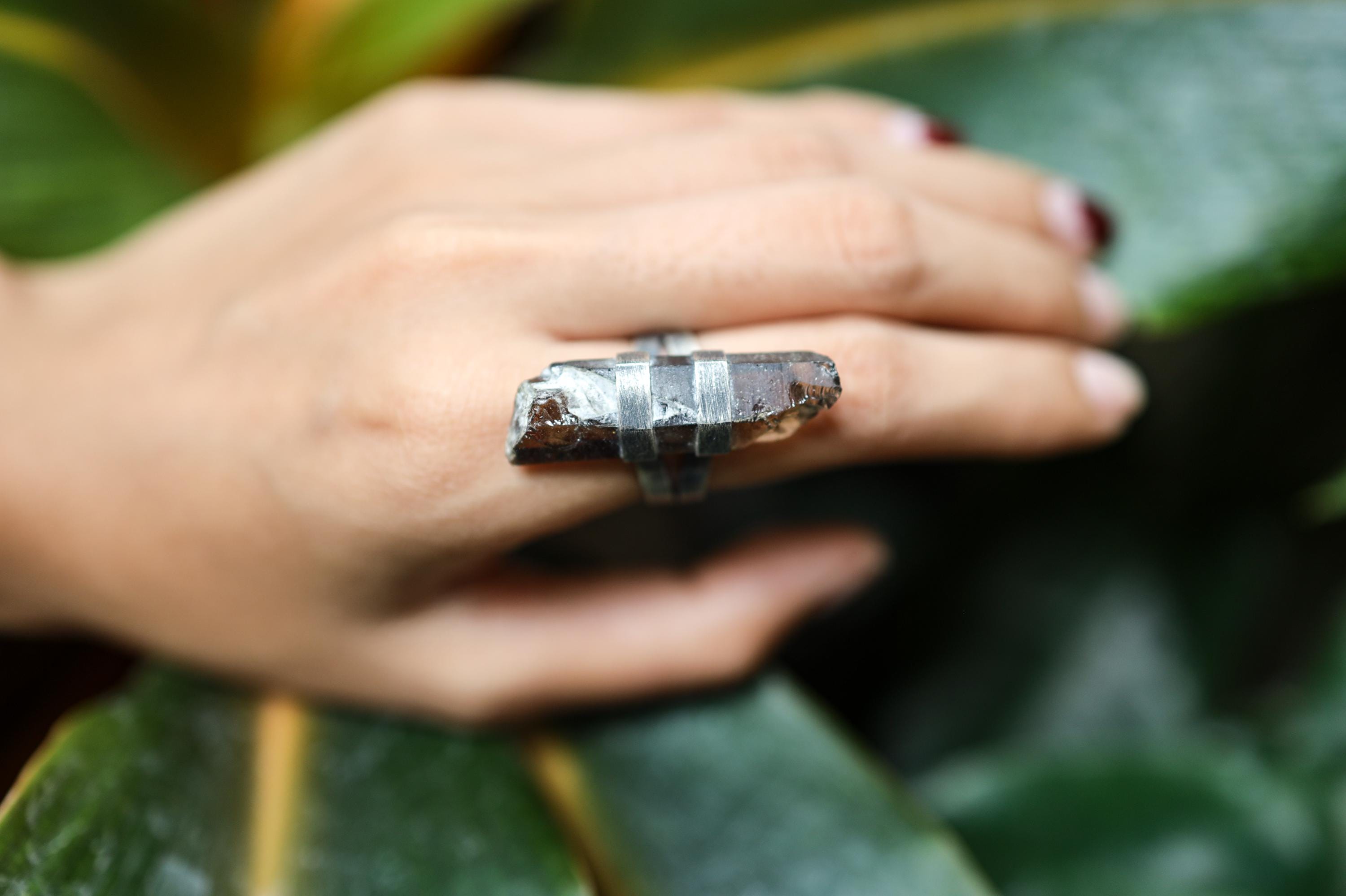 Torrington Ring: Textured & Oxidised Sterling Silver with Natural Australian Smoky Citrine Quartz, Scorpio Zodiac, Abundance -Size 6 - NO/01