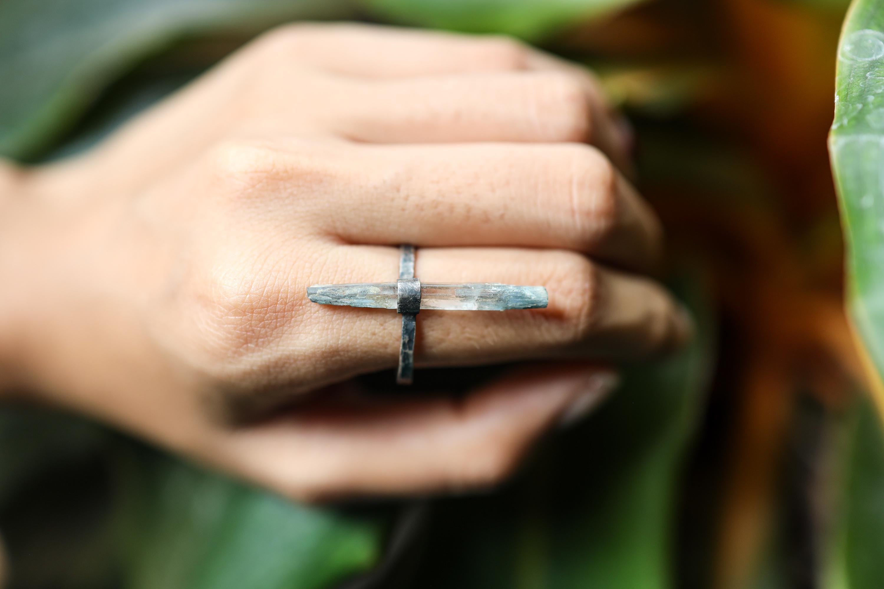 Textured & Oxidised Sterling Silver Ring with Raw Natural Himalayan Aquamarine, Perfect Gift, Pisces Zodiac, Calming - Size 9 1/4 US - NO/02