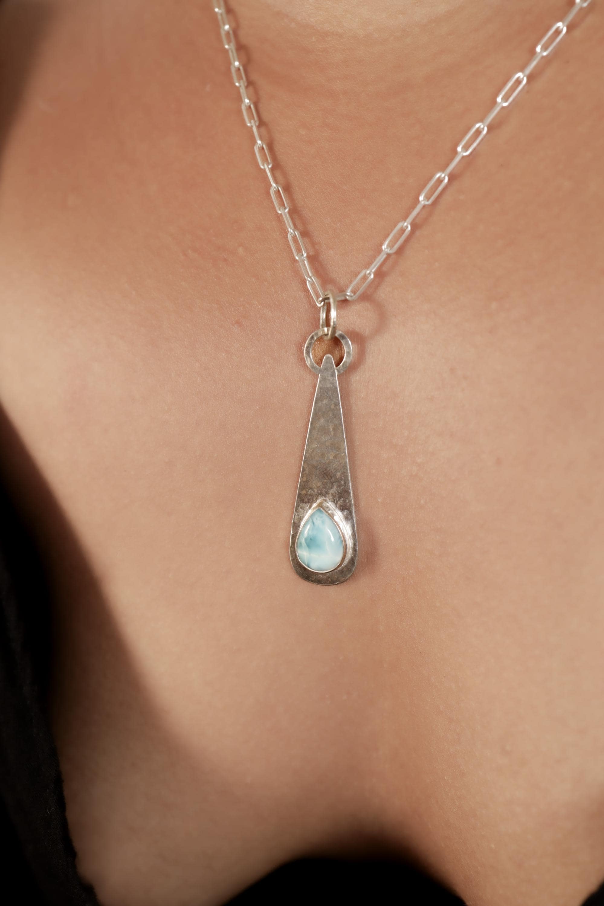 Larimar Teardrop Pendant Necklace, Sterling Silver, Shiny & Hammer Texture Finish, Throat Chakra, Pisces Zodiac, Calming Energy, Unique Gift