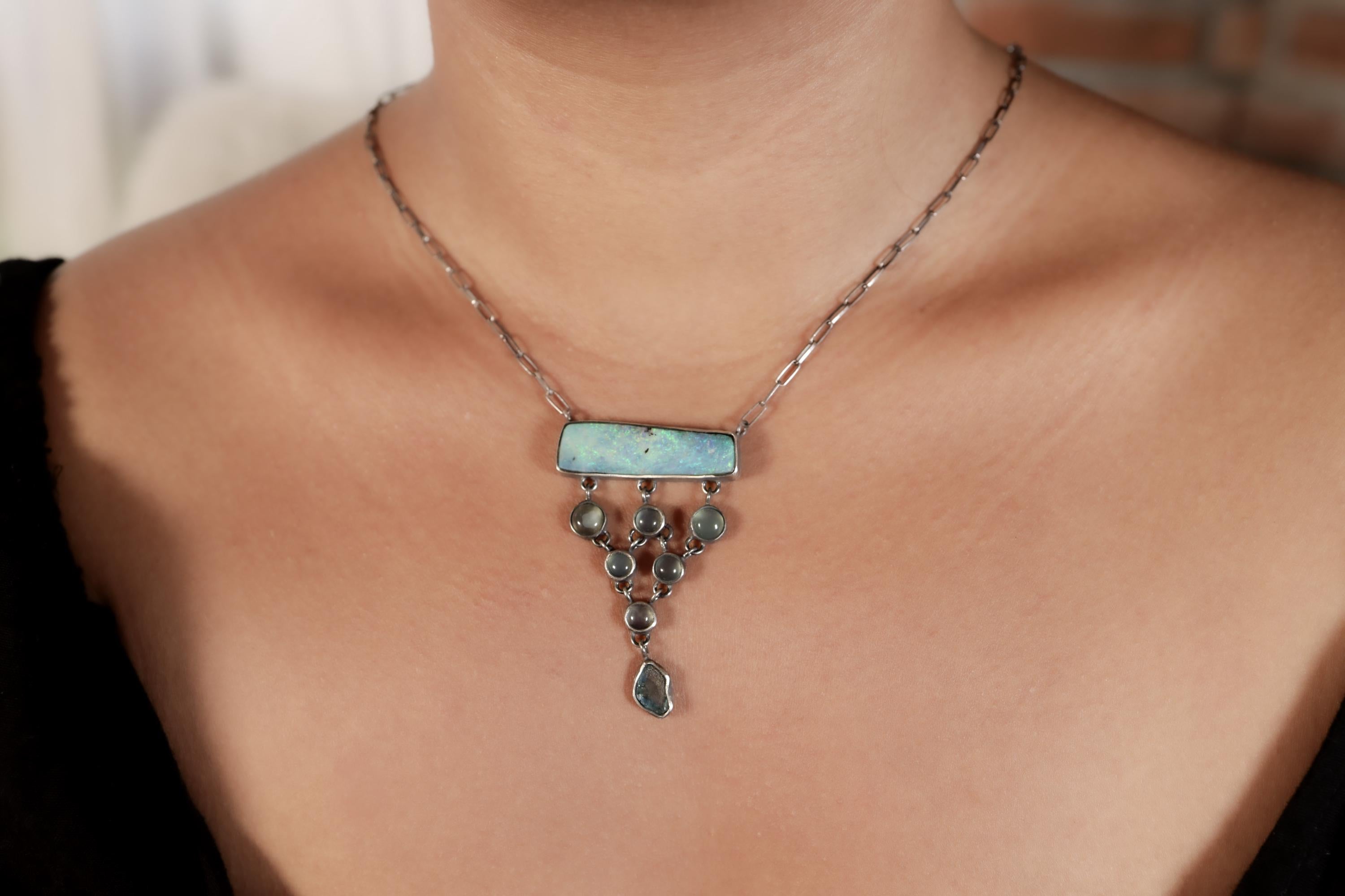 Long Square Opal, Round Aquamarine & Raw Blue Apatite Necklace, Sterling Silver, Throat Chakra, Zodiac Pisces, Unique Gift