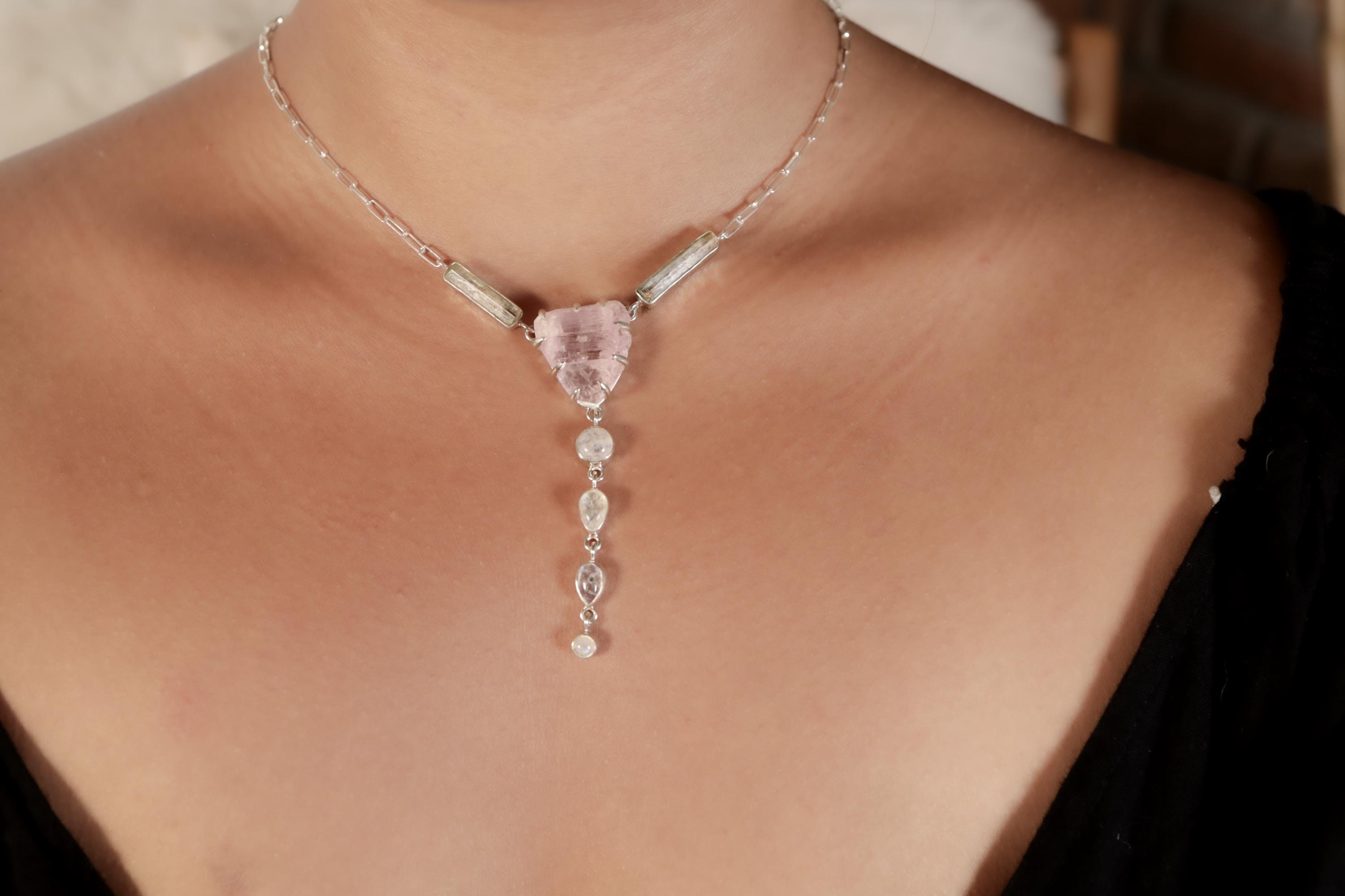 Pink Kunzite, Aquamarine & Blue Moonstone Pendant, Shiny Sterling Silver, Heart and Throat Chakra, Unique Gift