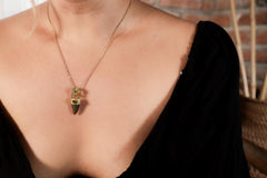 Ancient Megalodon Tooth adorned with Raw Green Tourmaline & Aquamarine Cabochon - Crystal Pendant Neckpiece - Gold Plated 18K - NO/01