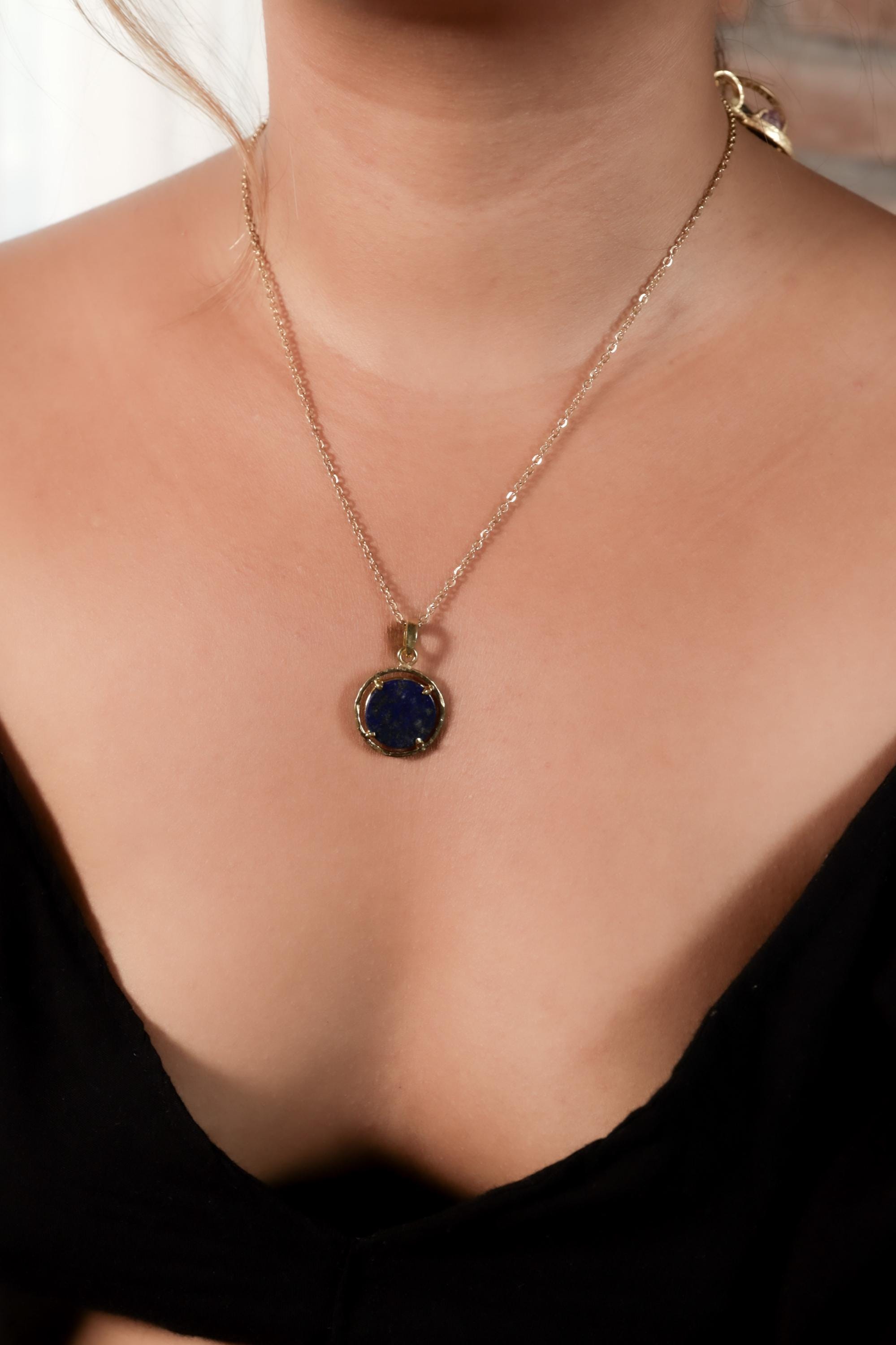 Lapis Lazuli & Pyrite Pendant, Sterling Silver, Claw Setting Hammer Textured 18k Gold Plated Throat Chakra Sagittarius Zodiac Unique Gift