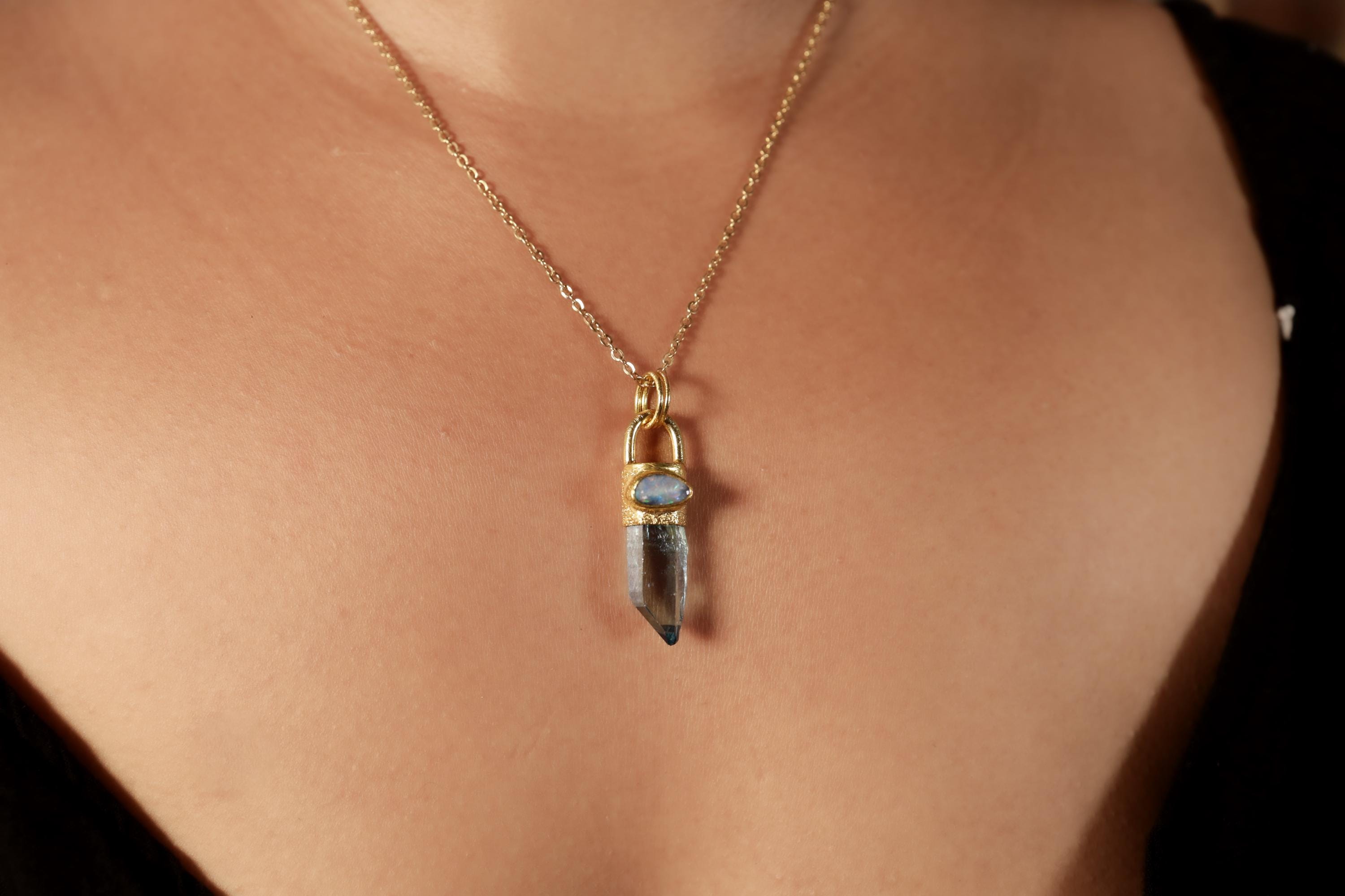 Aqua Aura Twin Quartz & Australian Opal Pendant, 18K Gold-Plated Textured Sterling Silver, Crown Chakra, Leo Zodiac, Unique Gift - NO/01