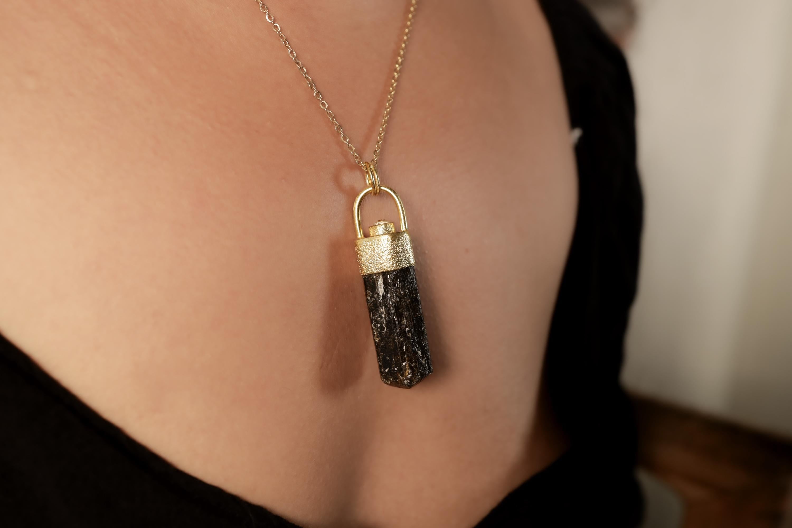 Himalayan Terminated Brown Dravite Tourmaline & Diamond Pendant, Sterling Silver, Sand Texture, 18K Gold-Plated, Unique Gift - NO/05