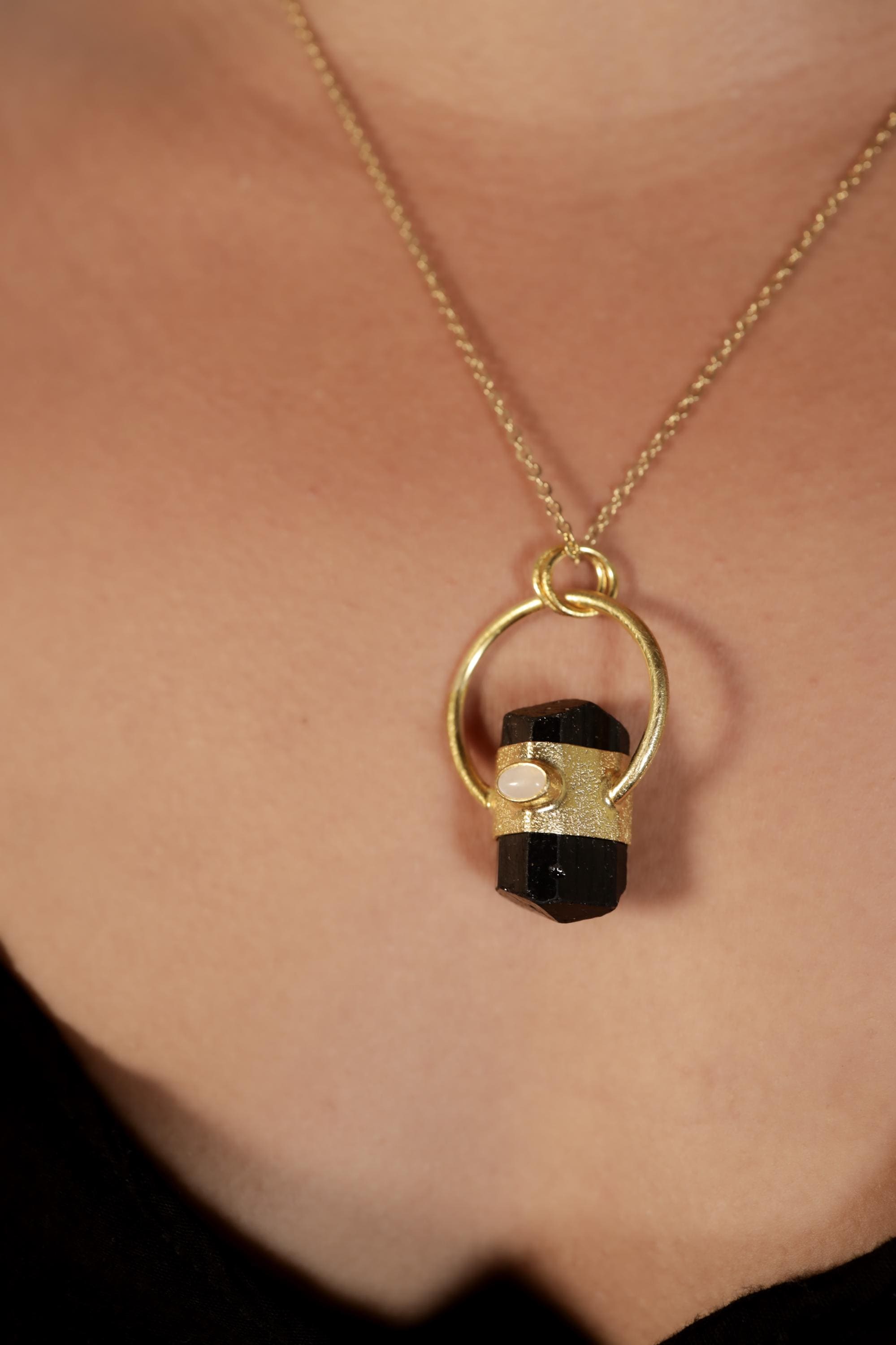 Double Terminated Black Tourmaline & Moonstone Pendant, Sterling Silver Texture 18k Gold Plated Capricorn, Root and Crown Chakra Unique Gift