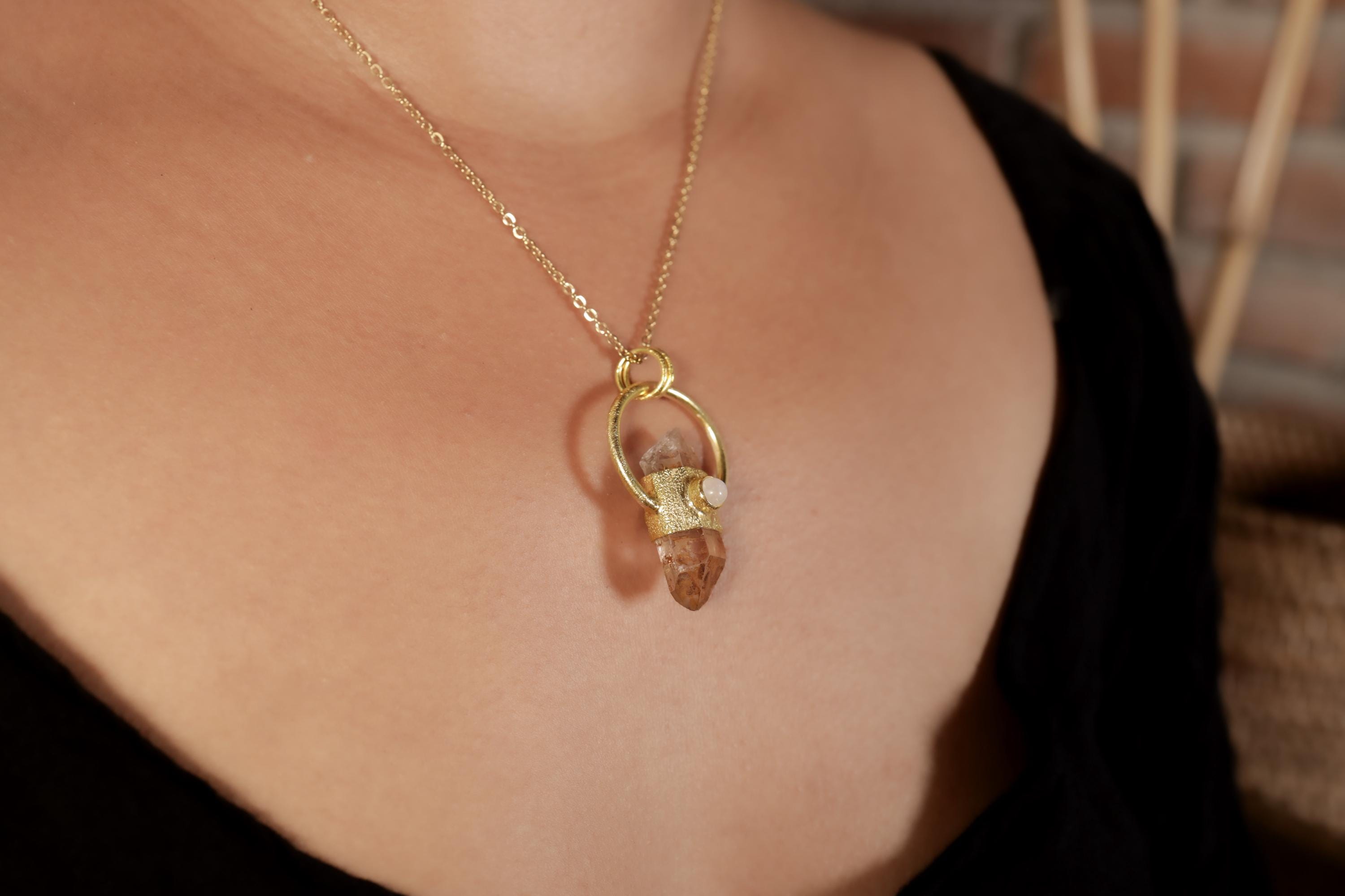 Australian Lithium Quartz & Moonstone Pendant, 18K Gold-Plated Sterling Silver, Birthstone, Libra and Cancer Zodiac, Unique Gift