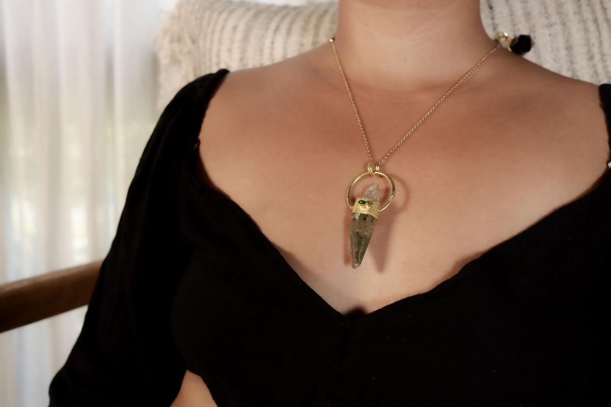 Self-Healed Lemurian Chlorite Quartz & Emerald Pendant, Sterling Silver Textured, Virgo Zodiac, Heart Chakra, Unique Gift, 18K Gold Plated