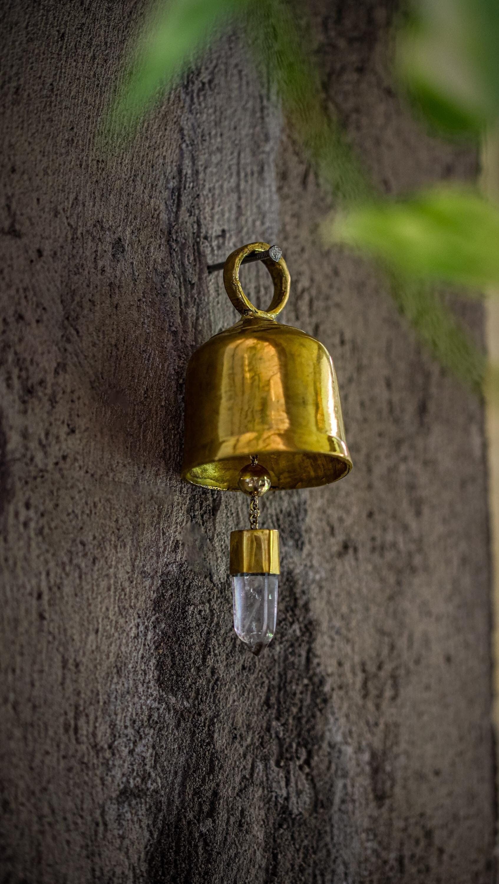 Crystal-Accented Hindu Prayer Bell, Bronze with 18k Gold Plating, Clear Quartz Amplifier, Spiritual Décor, Meditation Bell, Christmas tree