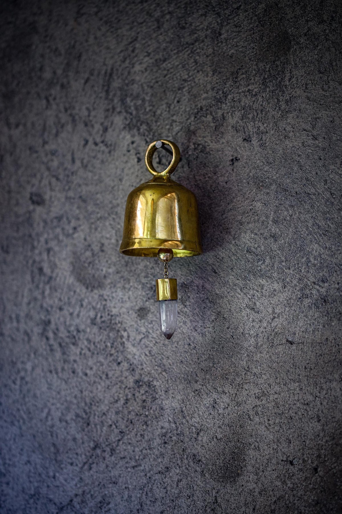 Crystal-Accented Hindu Prayer Bell, Bronze with 18k Gold Plating, Clear Quartz Amplifier, Spiritual Décor, Meditation Bell, Christmas tree