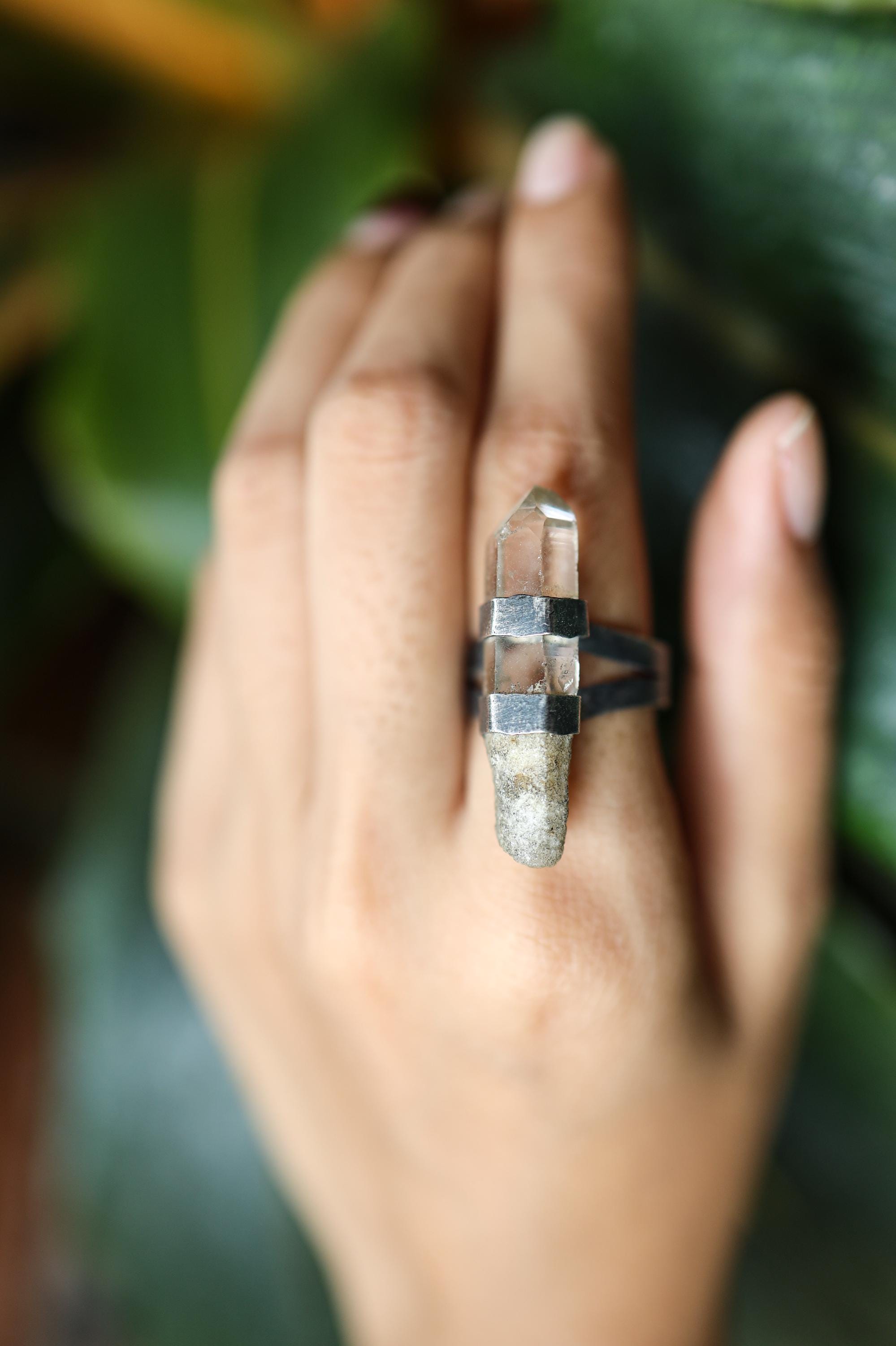 Textured & Oxidised Sterling Silver Ring with Himalayan Record Keeper Quartz, Third Eye Chakra, Spiritual Awakening, Unique Gift - Size 8 US