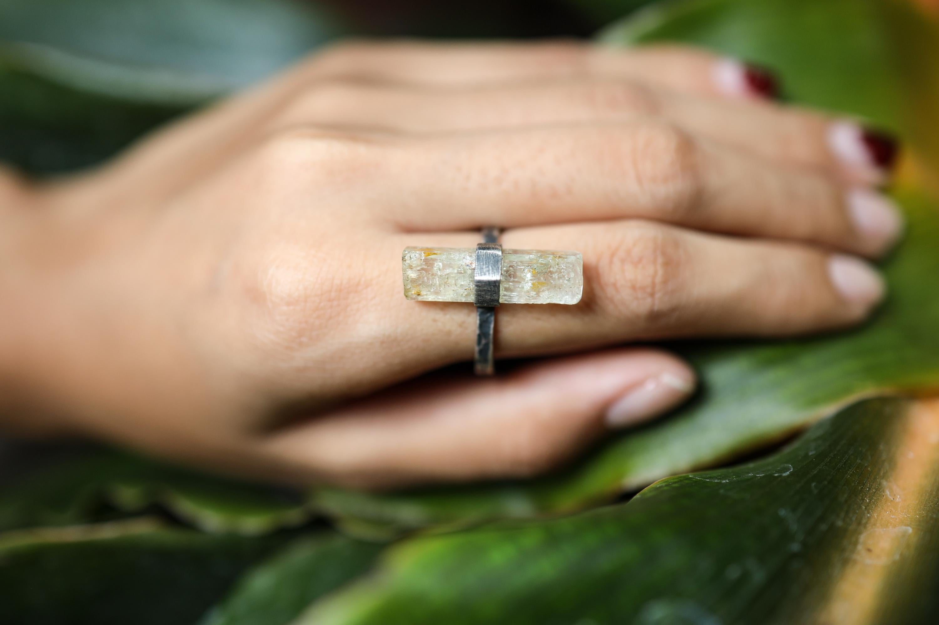 Torrington Treasure: Textured & Oxidised Sterling Silver Ring with Raw Australian Aquamarine, Throat Chakra, Unique Gift - Size 8 1/2 - NO/8