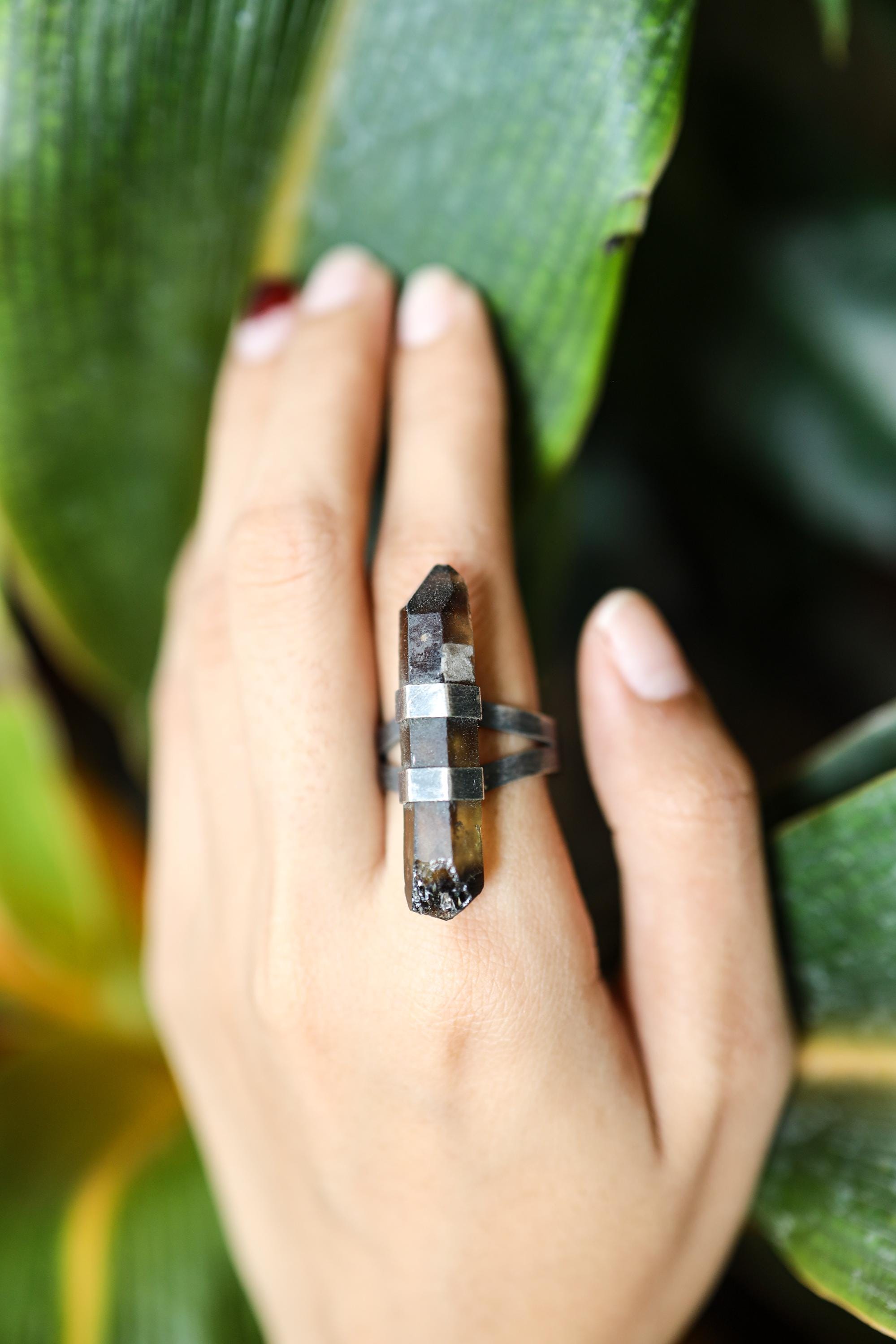 Torrington Textured & Oxidized Sterling Silver Ring with Natural Australian Smoky Citrine Quartz, Size 8 3/4, sagittarius Zodiac- NO/02