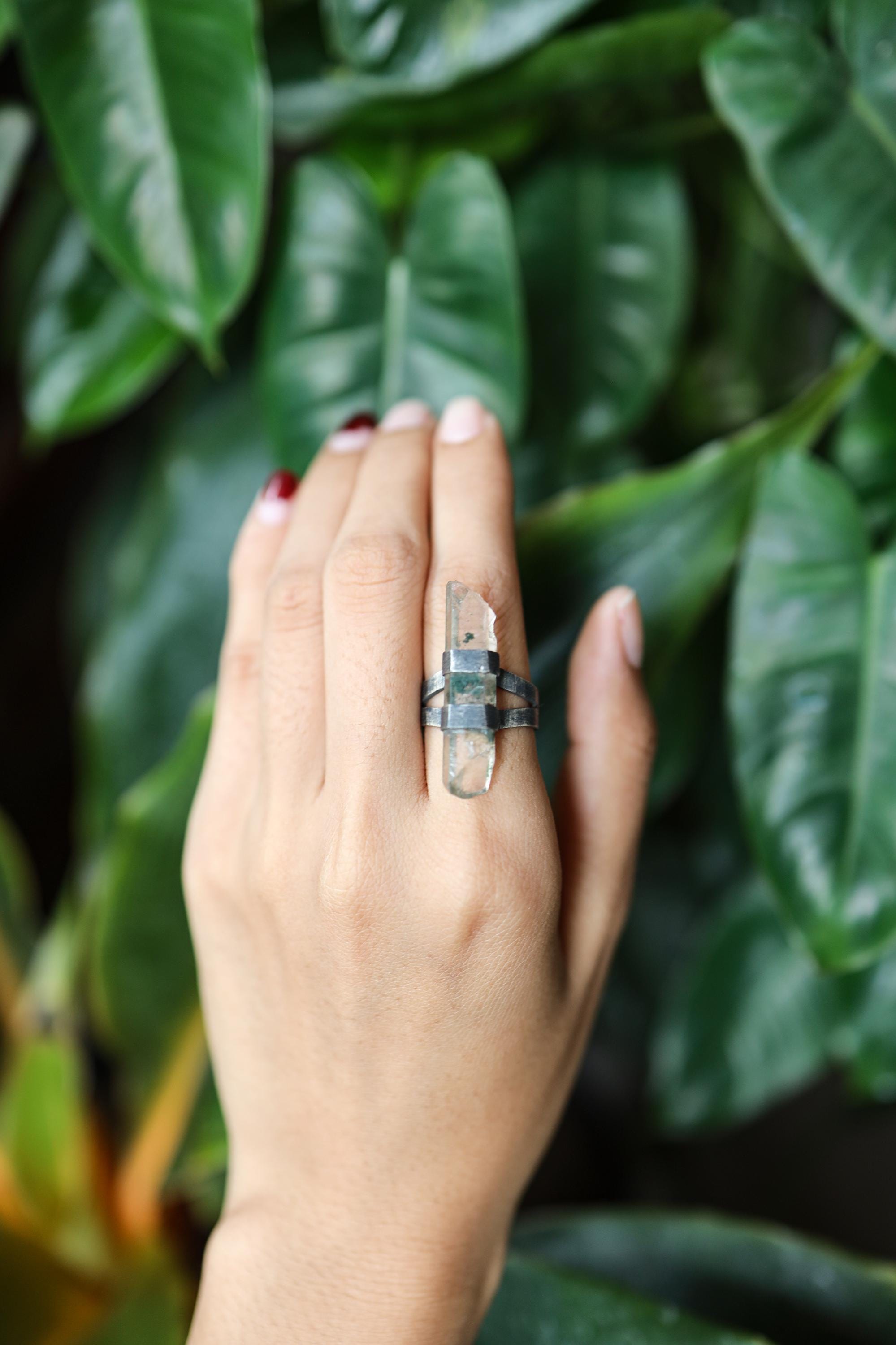 Textured & Oxidized Sterling Silver Ring with Himalayan Chlorite Inclusion Quartz, Size 6 3/4 US, Heart Chakra, Capricorn Zodiac, Healing