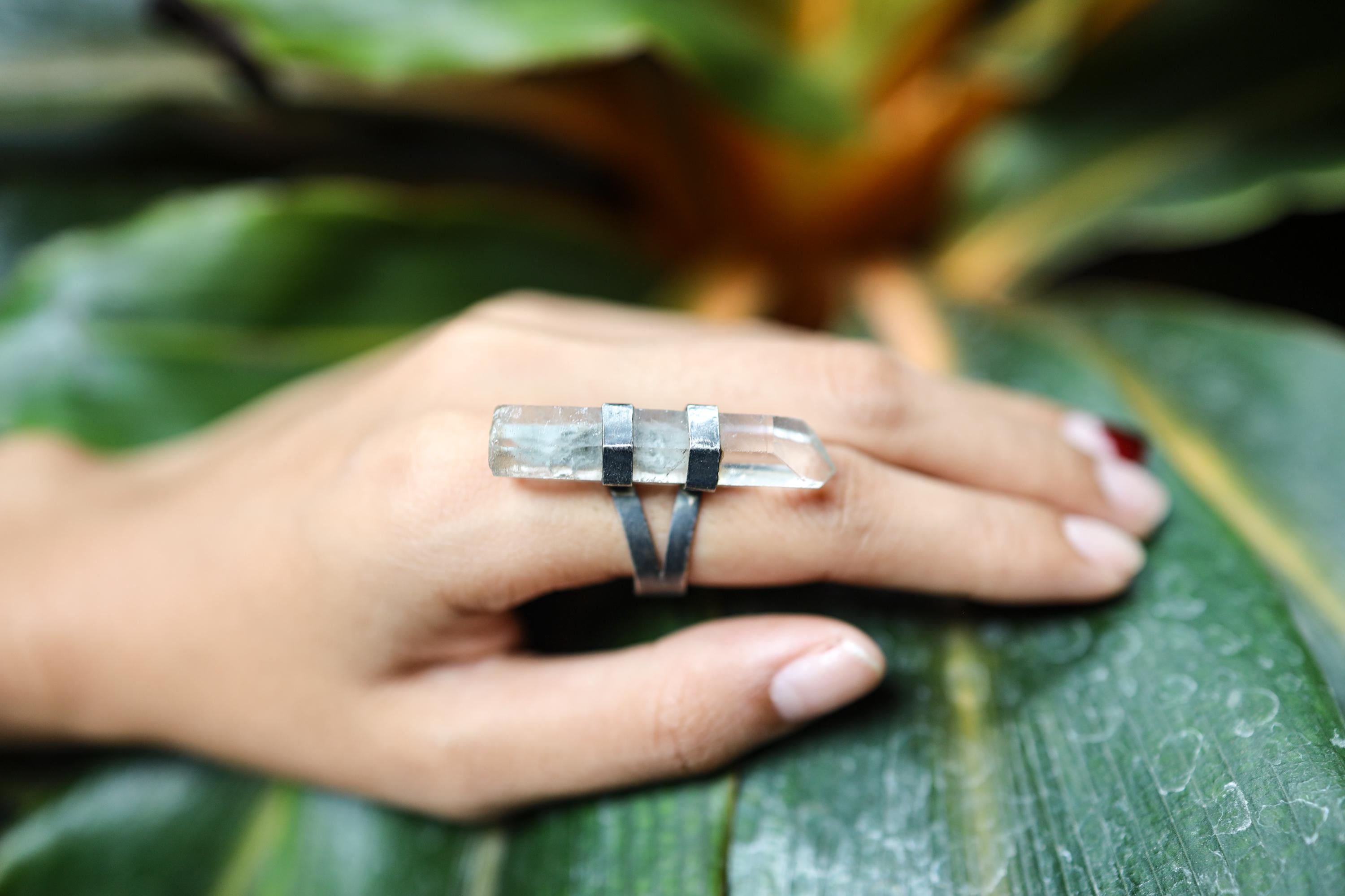 Chlorite Charisma: Textured & Oxidised Sterling Silver Ring with Chlorite Inclusion Quartz, Heart Chakra, Unique Design - Size 7 3/4 US