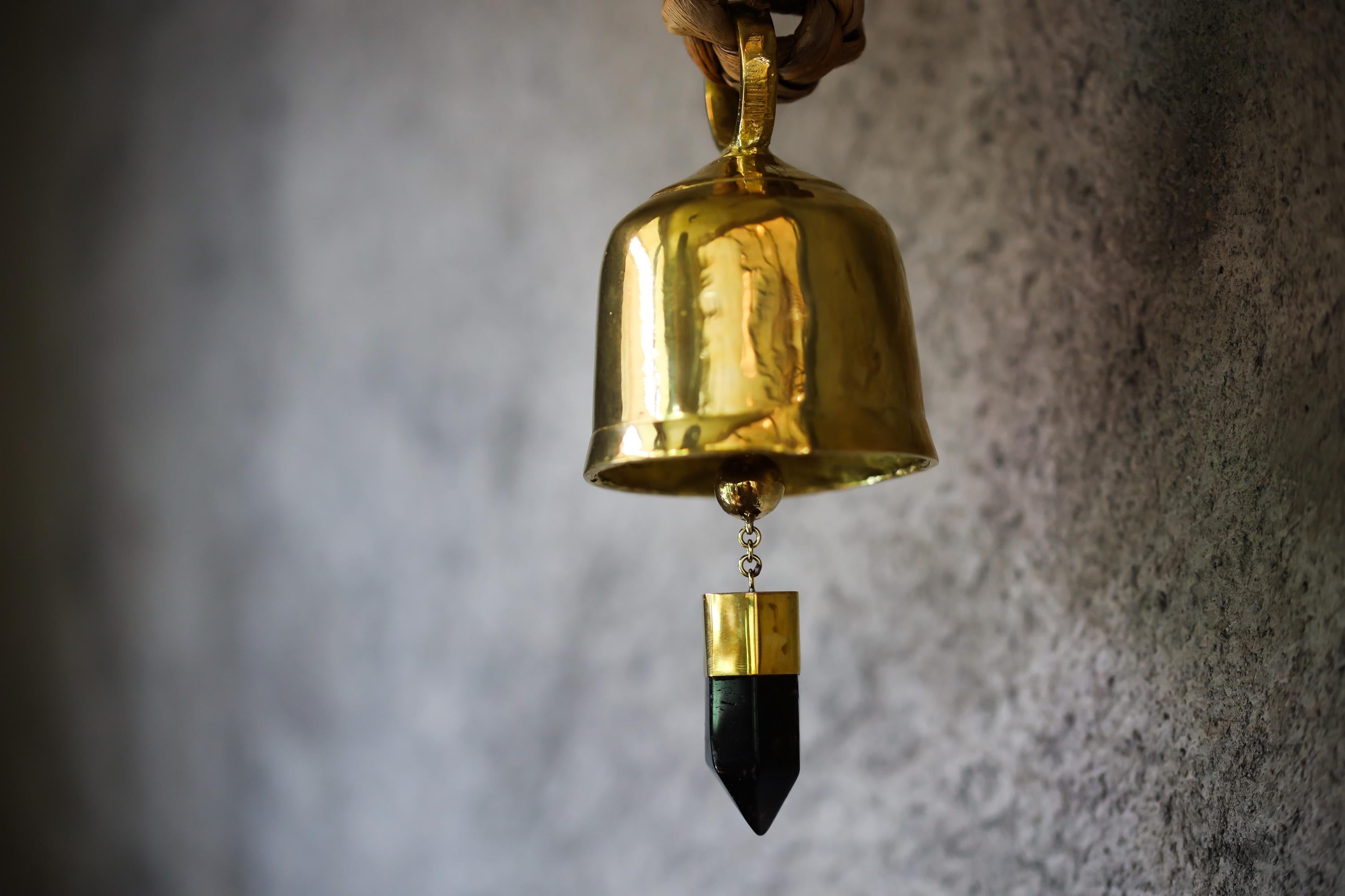 Crystal-accented Large Smoky Quartz Point, Hindu Prayer Bell, Bronze with 18k Gold Plating, Meditation & Spiritual, Christmas Decor