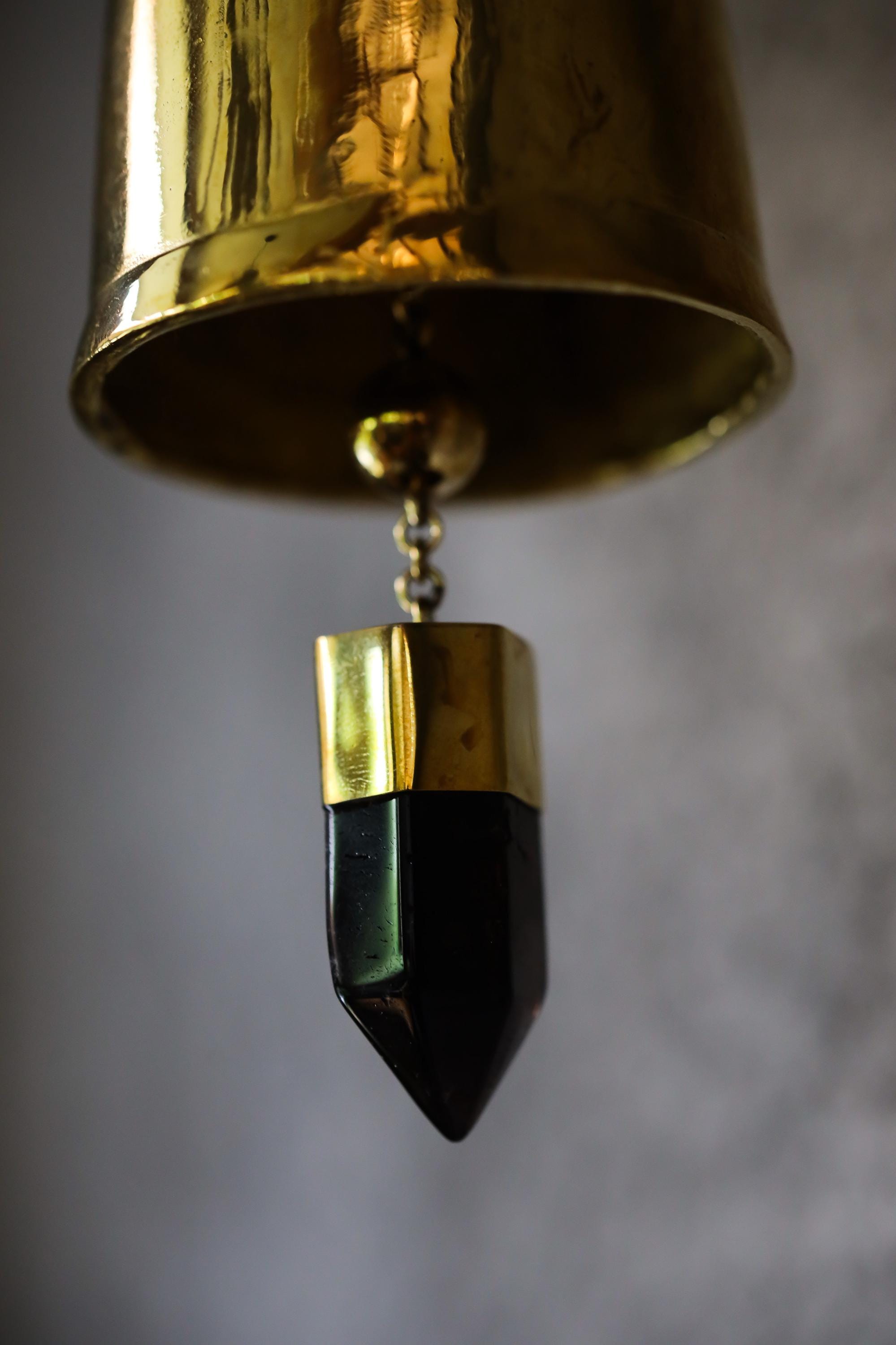 Crystal-accented Large Smoky Quartz Point, Hindu Prayer Bell, Bronze with 18k Gold Plating, Meditation & Spiritual, Christmas Decor