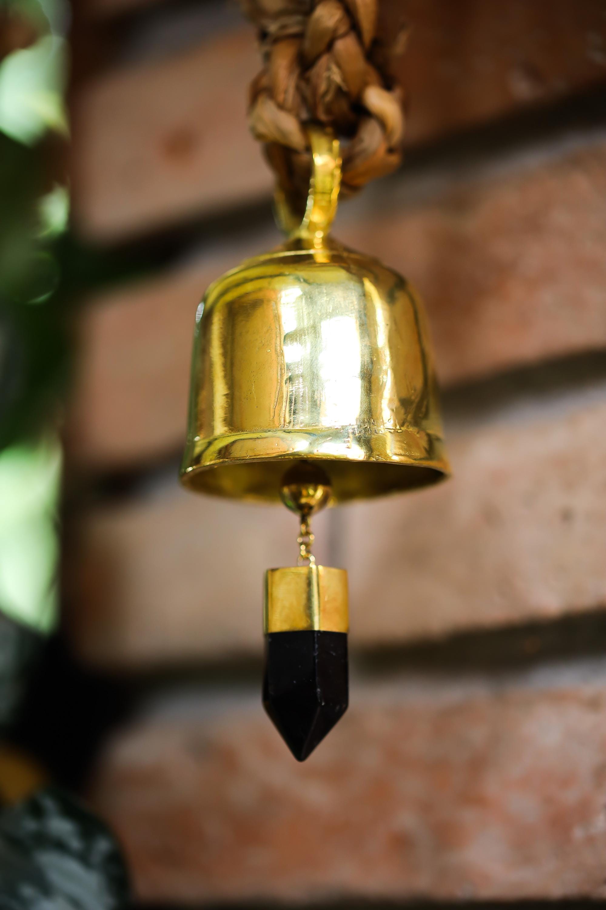 Crystal-accented Large Smoky Quartz Point, Hindu Prayer Bell, Bronze with 18k Gold Plating, Meditation & Spiritual, Christmas Decor