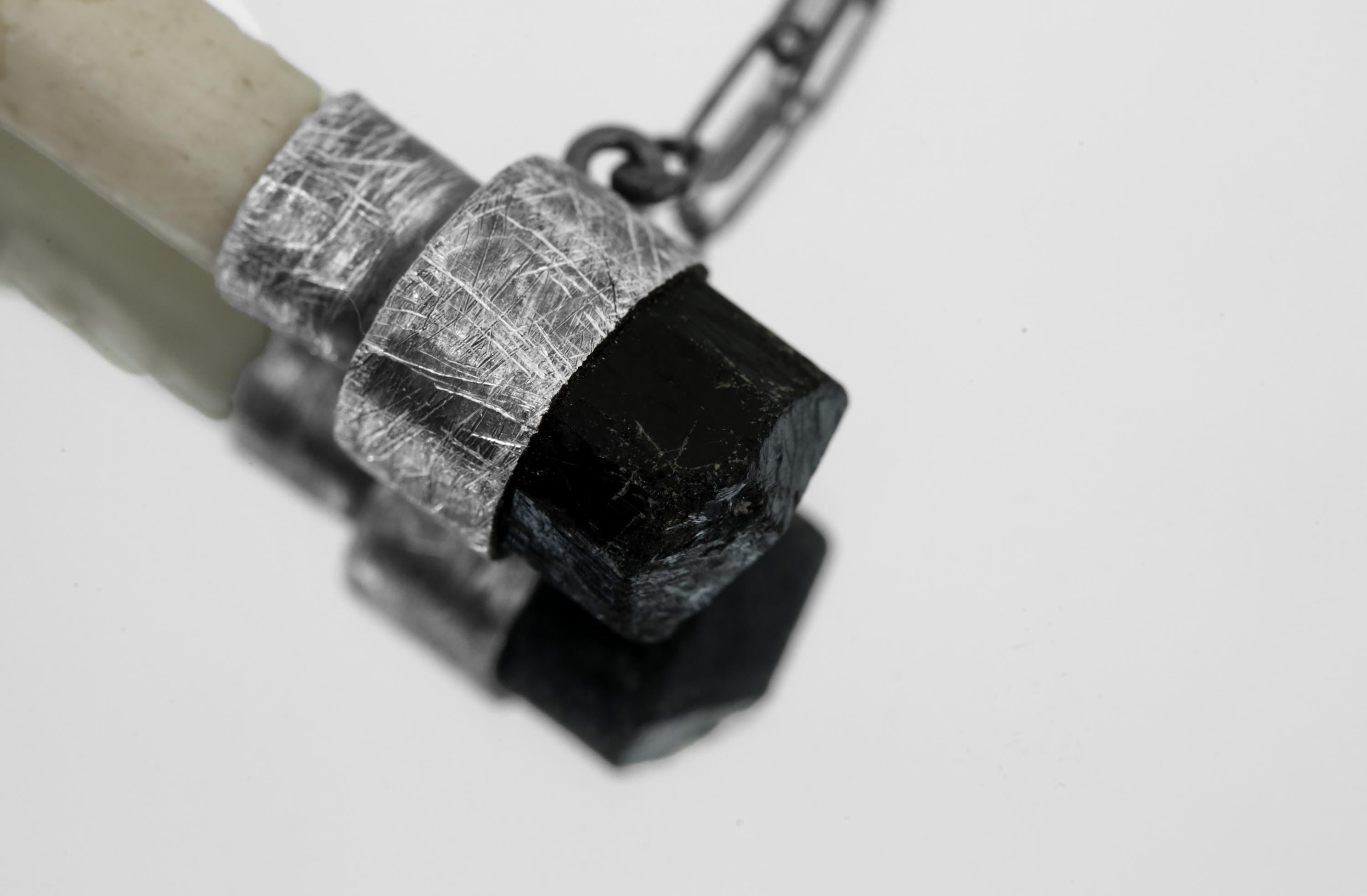 Black terminated himalayan Tourmaline dravite & Antique carved antler Pendant, , link chain