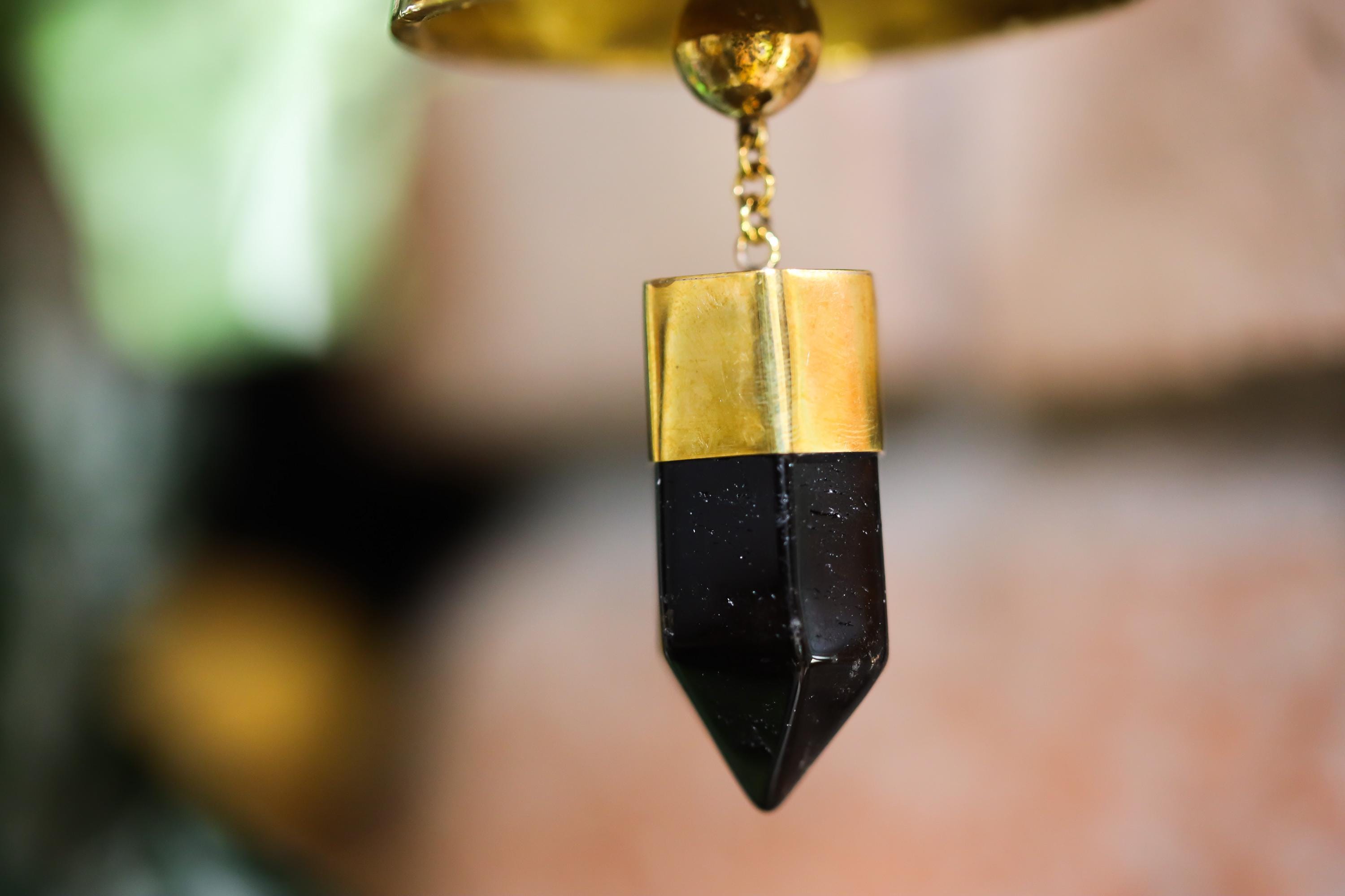 Crystal-accented Large Smoky Quartz Point, Hindu Prayer Bell, Bronze with 18k Gold Plating, Meditation & Spiritual, Christmas Decor