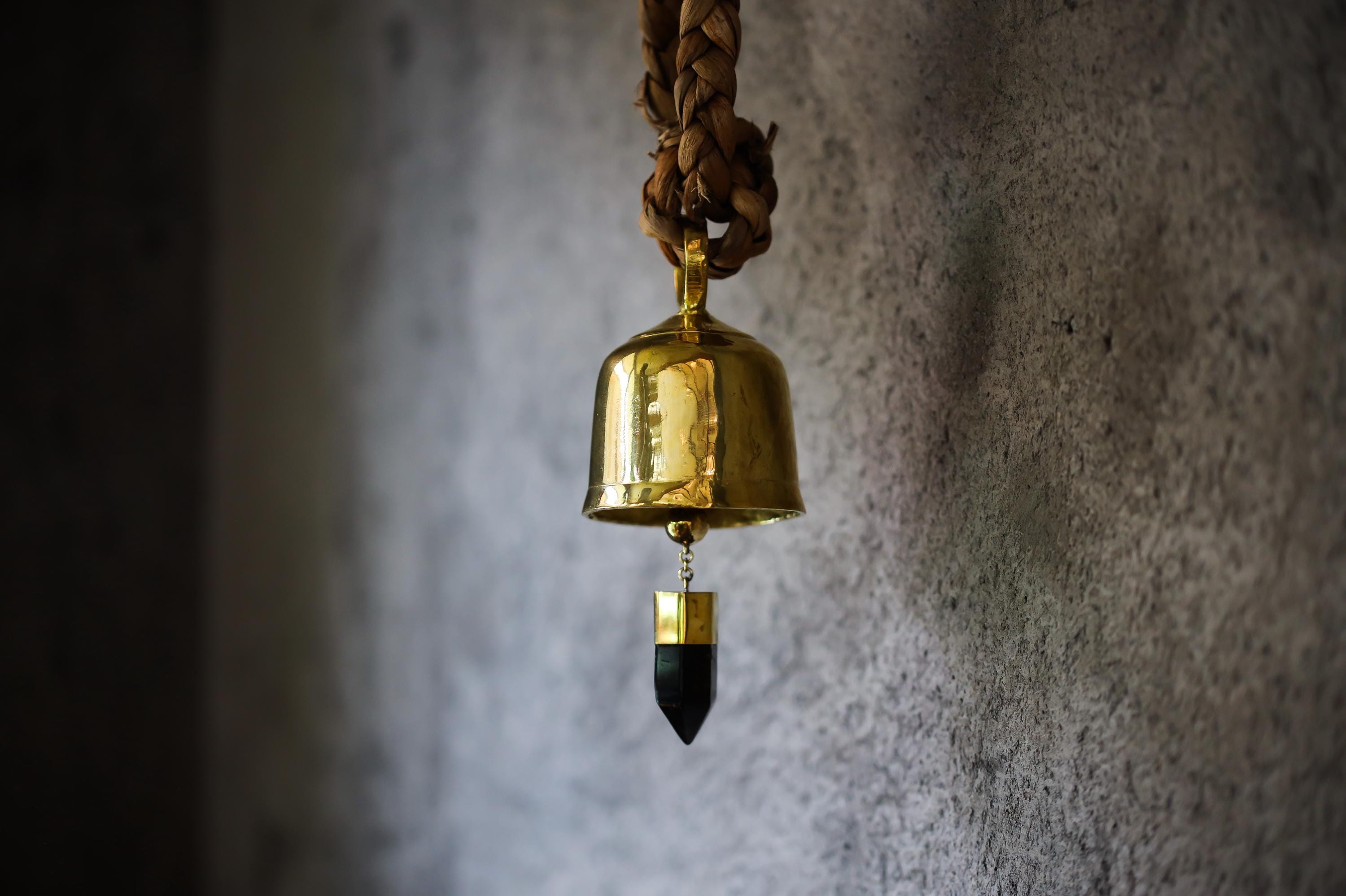 Crystal-accented Large Smoky Quartz Point, Hindu Prayer Bell, Bronze with 18k Gold Plating, Meditation & Spiritual, Christmas Decor