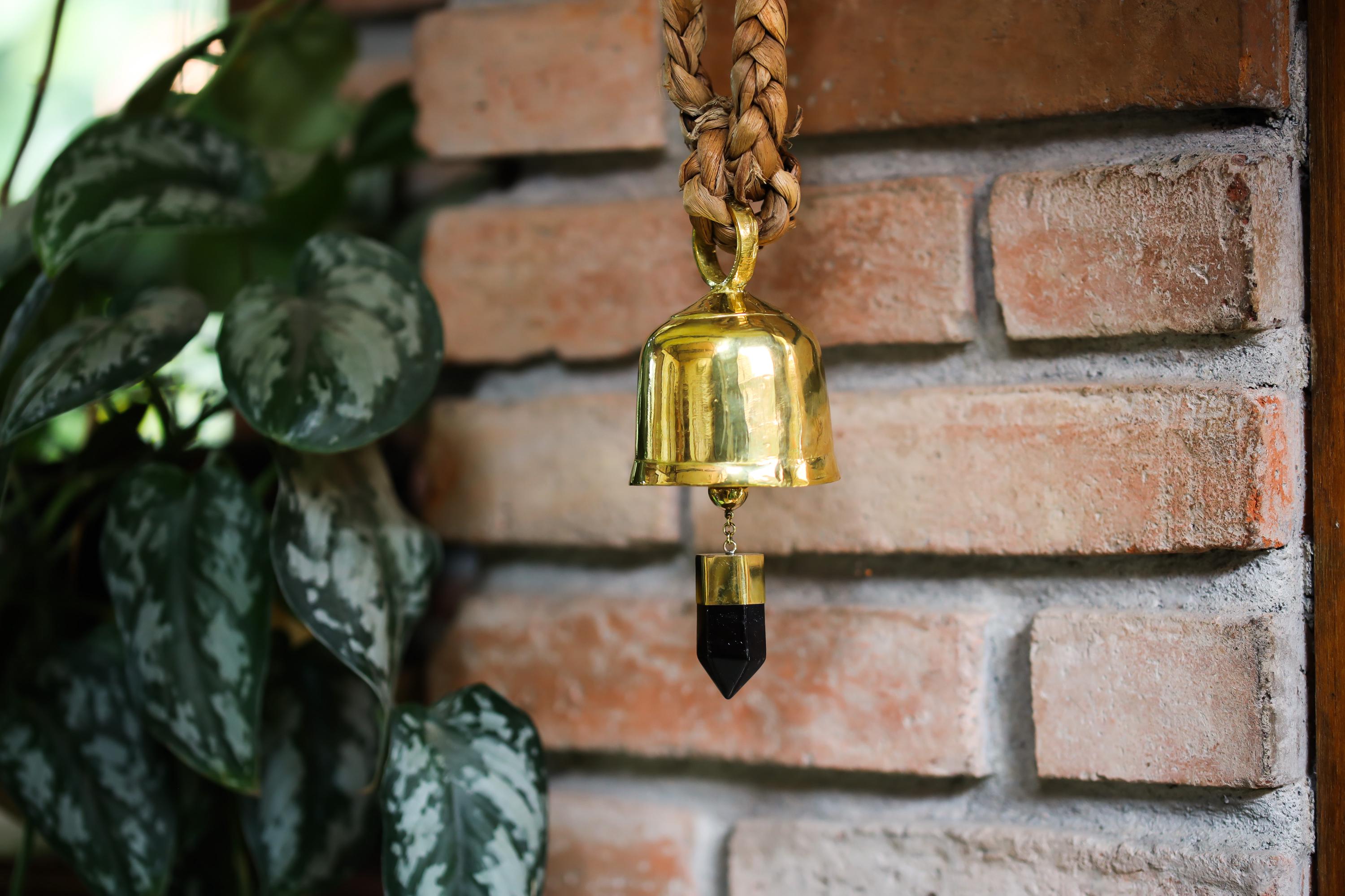 Crystal-accented Large Smoky Quartz Point, Hindu Prayer Bell, Bronze with 18k Gold Plating, Meditation & Spiritual, Christmas Decor