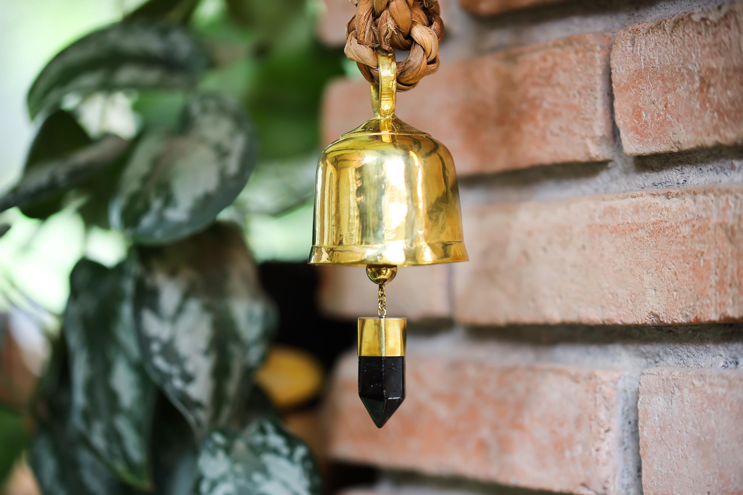 Crystal-accented Large Smoky Quartz Point, Hindu Prayer Bell, Bronze with 18k Gold Plating, Meditation & Spiritual, Christmas Decor