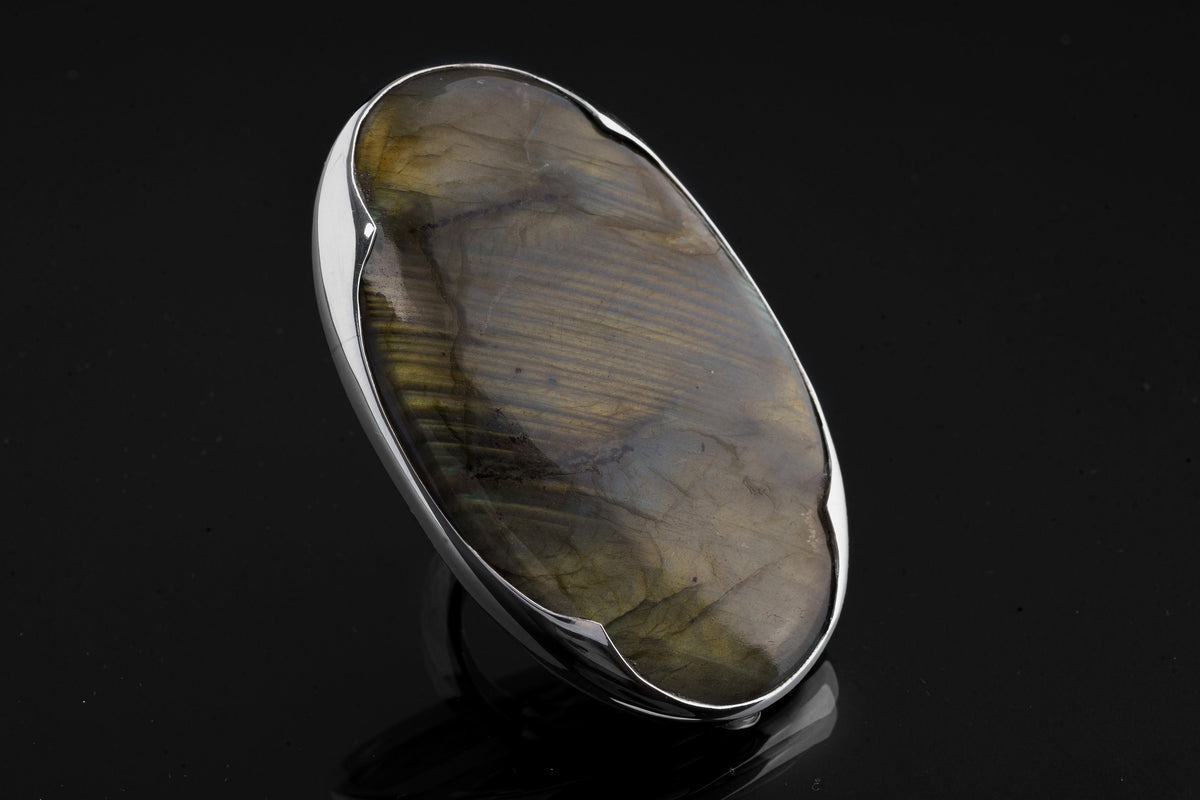 Big AAA Golden Striped Labradorite Oval - 925 Sterling Silver - Heavy Set Adjustable Textured Ring - Size 5-10 US